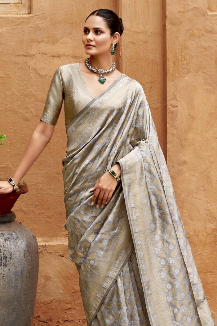 Silver Grey Woven Banarasi Saree