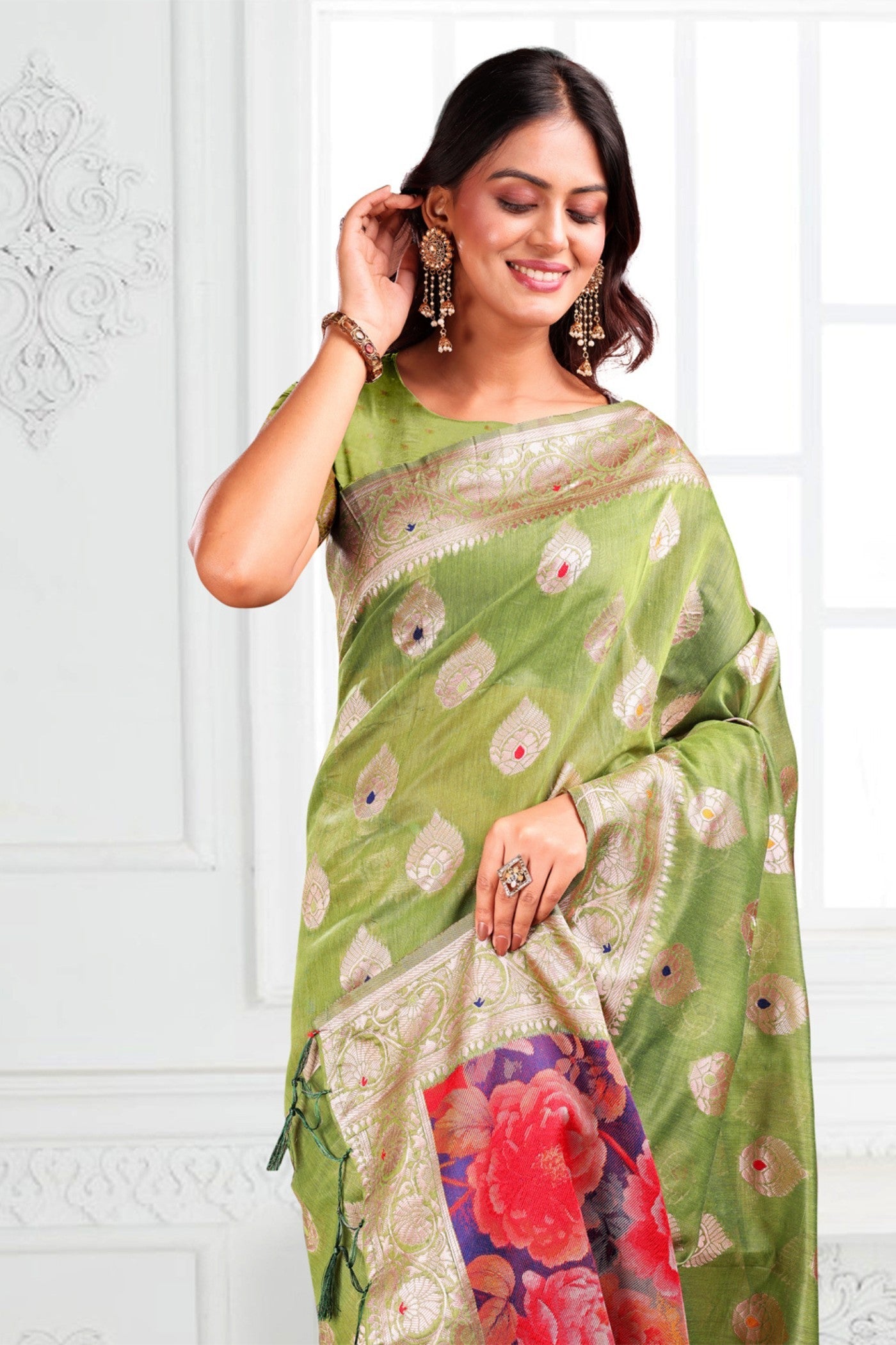 Lime Green Woven Linen Cotton Saree