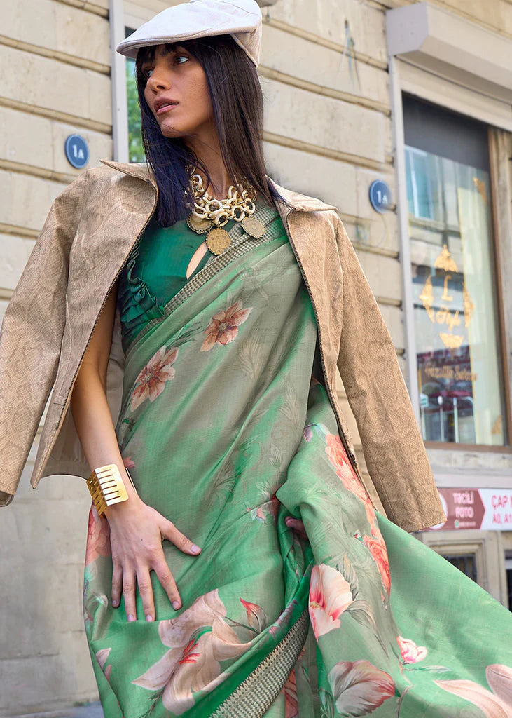 Shades Of Green Floral Printed Satin Organza Saree