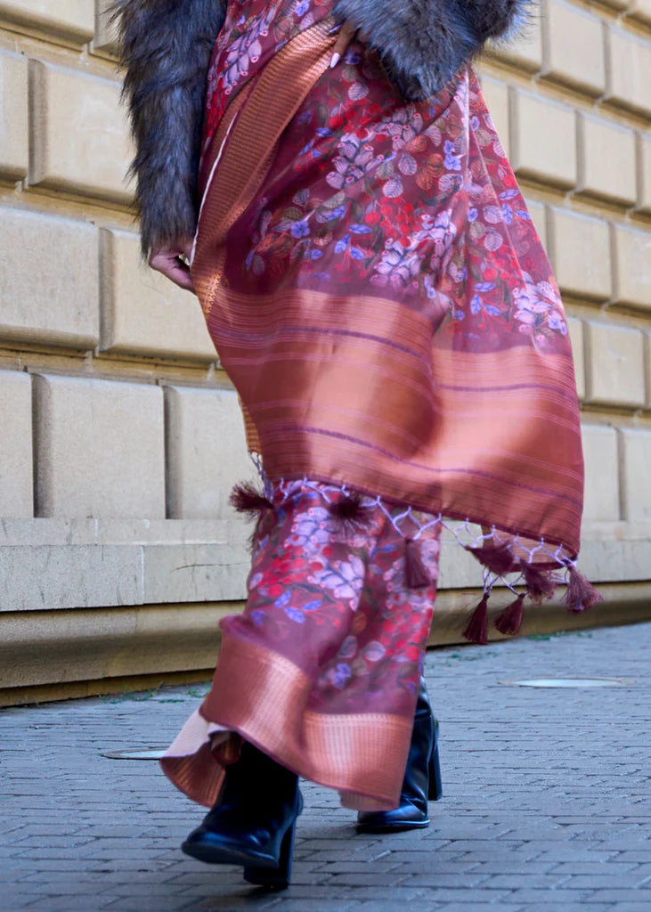 Shades Of Purple Floral Printed Satin Organza Saree