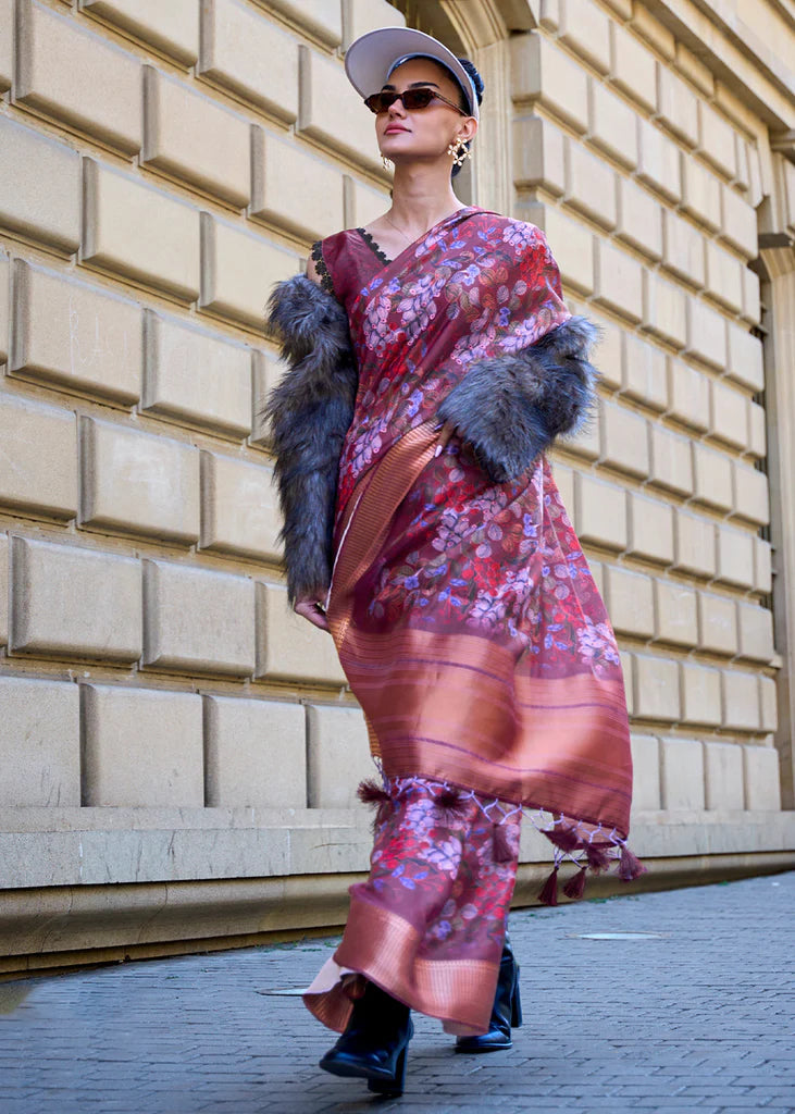 Shades Of Purple Floral Printed Satin Organza Saree