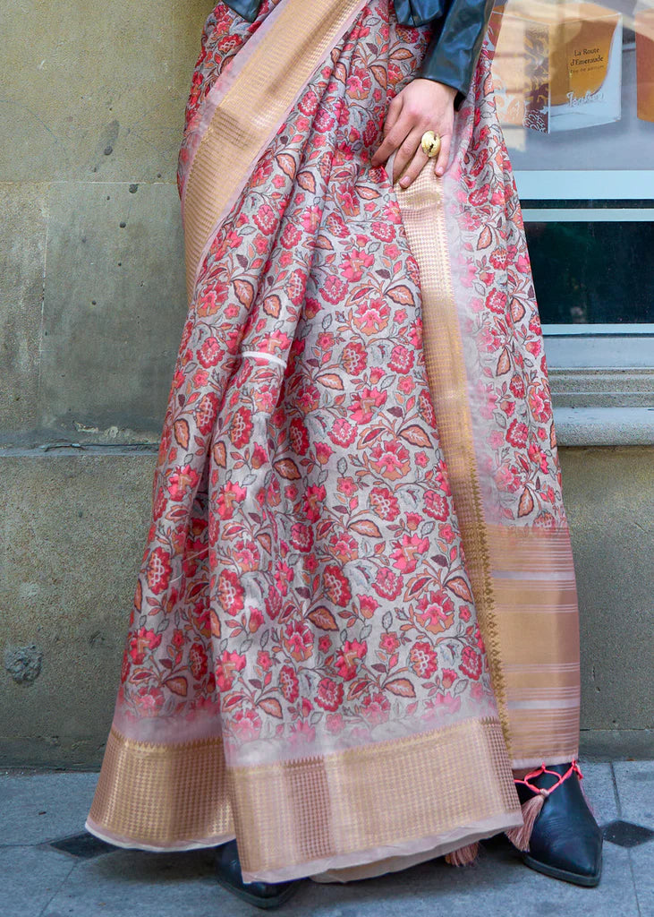 Pink and Beige Floral Printed Satin Organza Saree