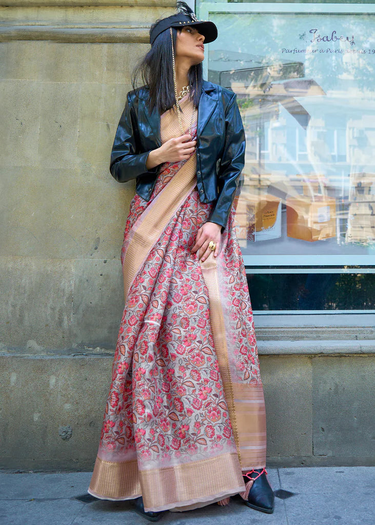 Pink and Beige Floral Printed Satin Organza Saree