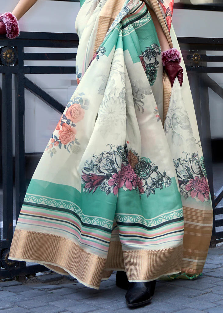 Pearl White Floral Printed Satin Organza Saree