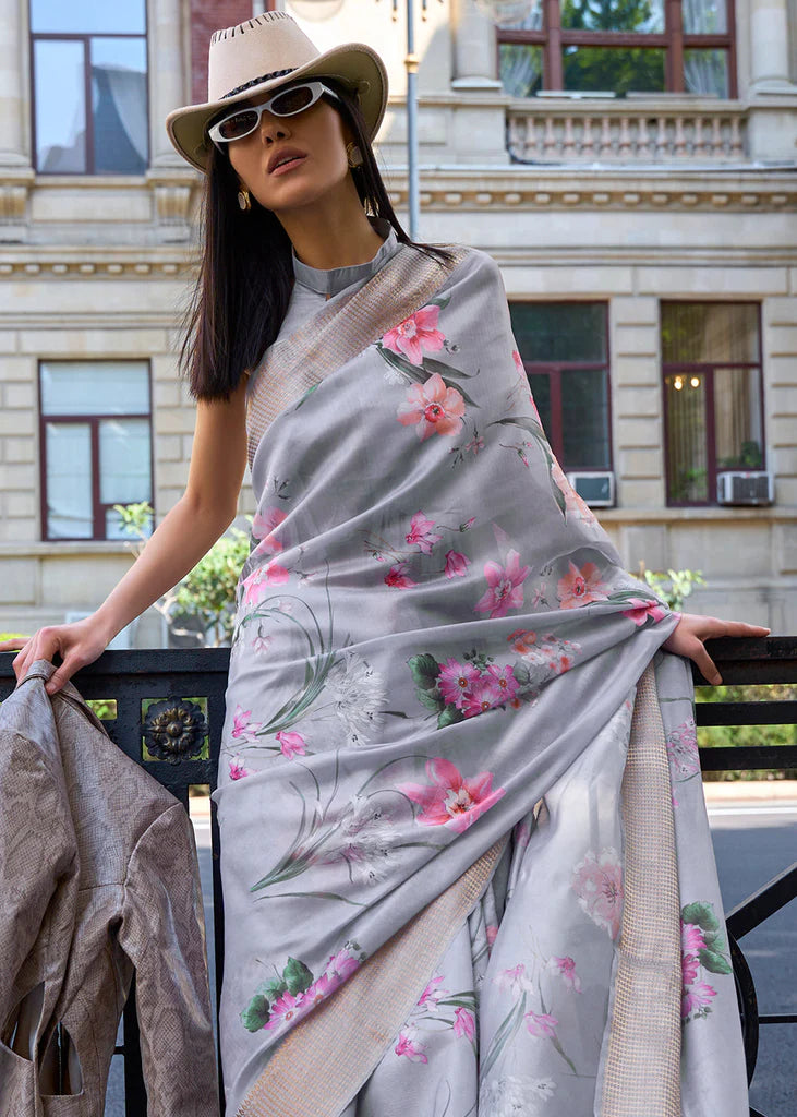 Stone Grey Floral Printed Satin Organza Saree