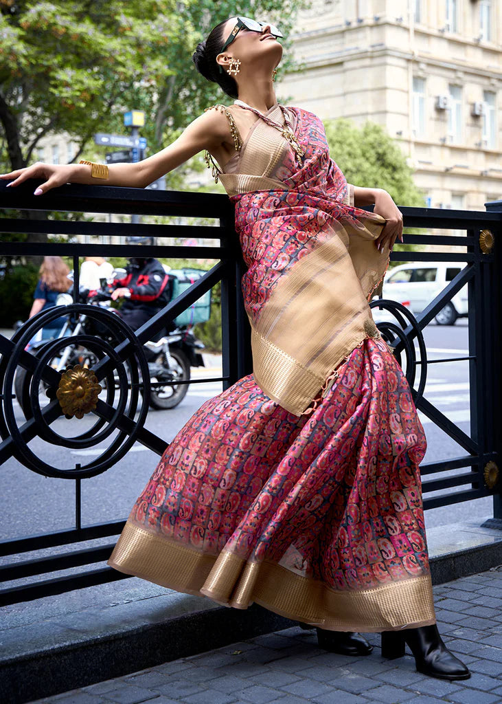 Cerise Pink Floral Printed Satin Organza Saree