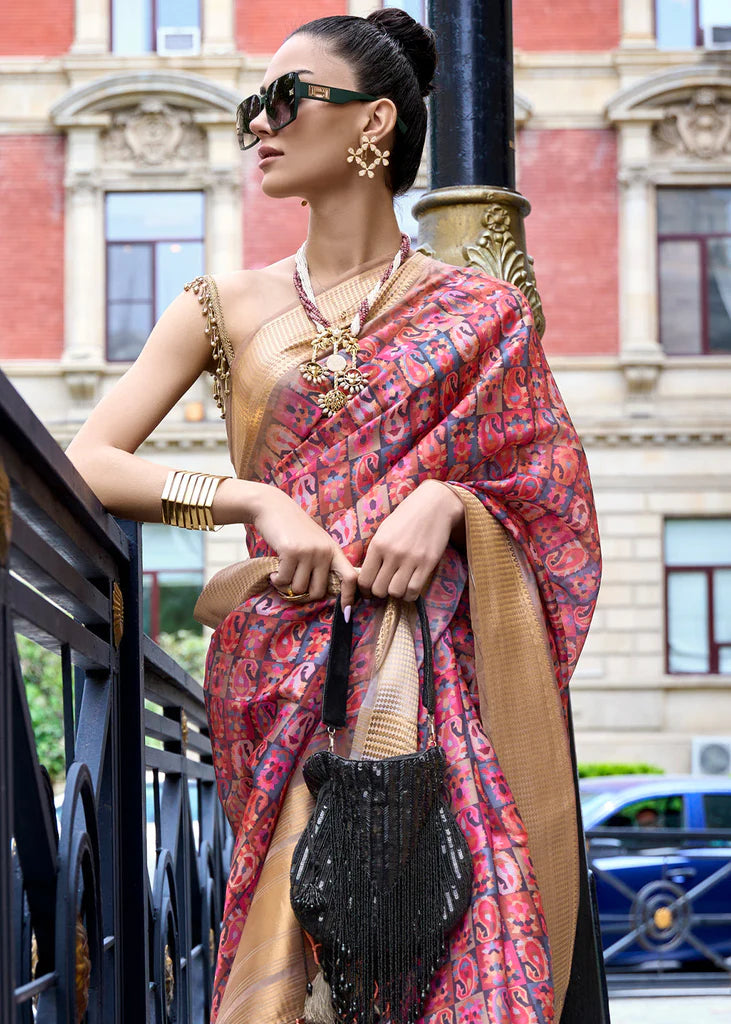 Cerise Pink Floral Printed Satin Organza Saree