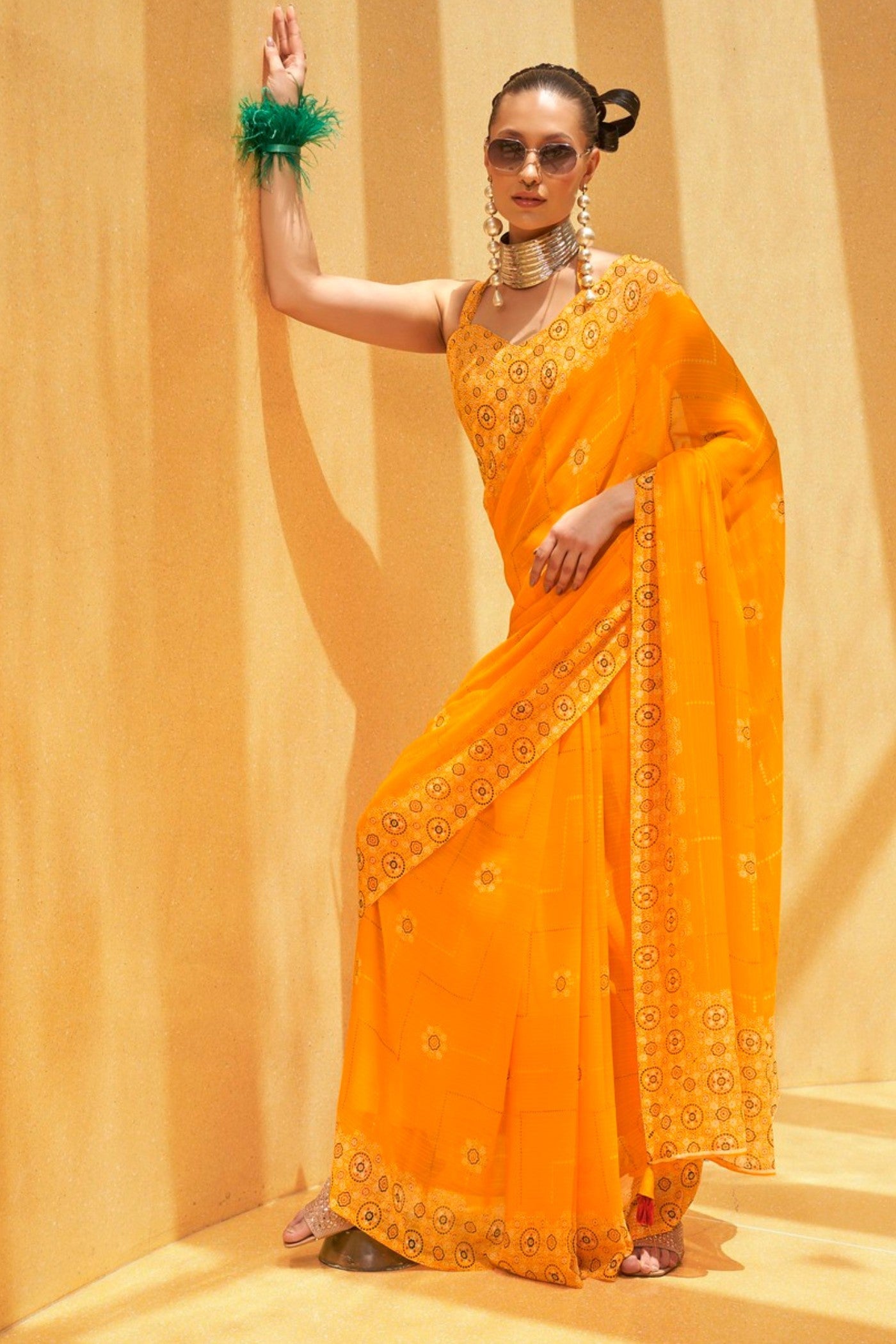 Amber Yellow Georgette Printed Saree