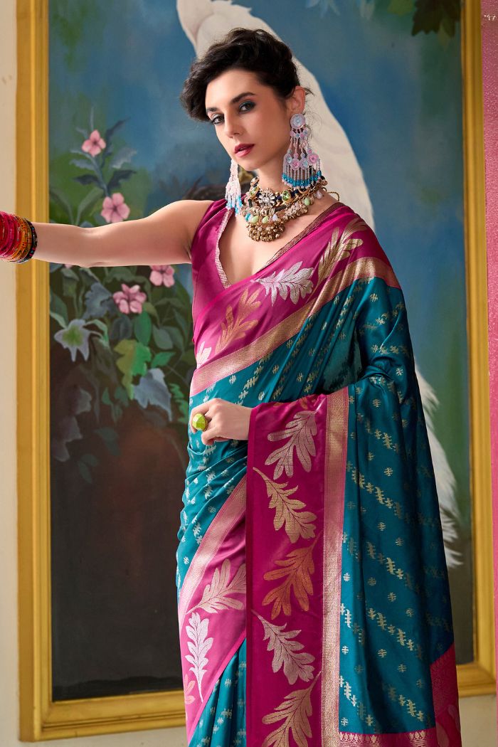 Tarawera Blue and Pink Banarasi Soft Silk Saree