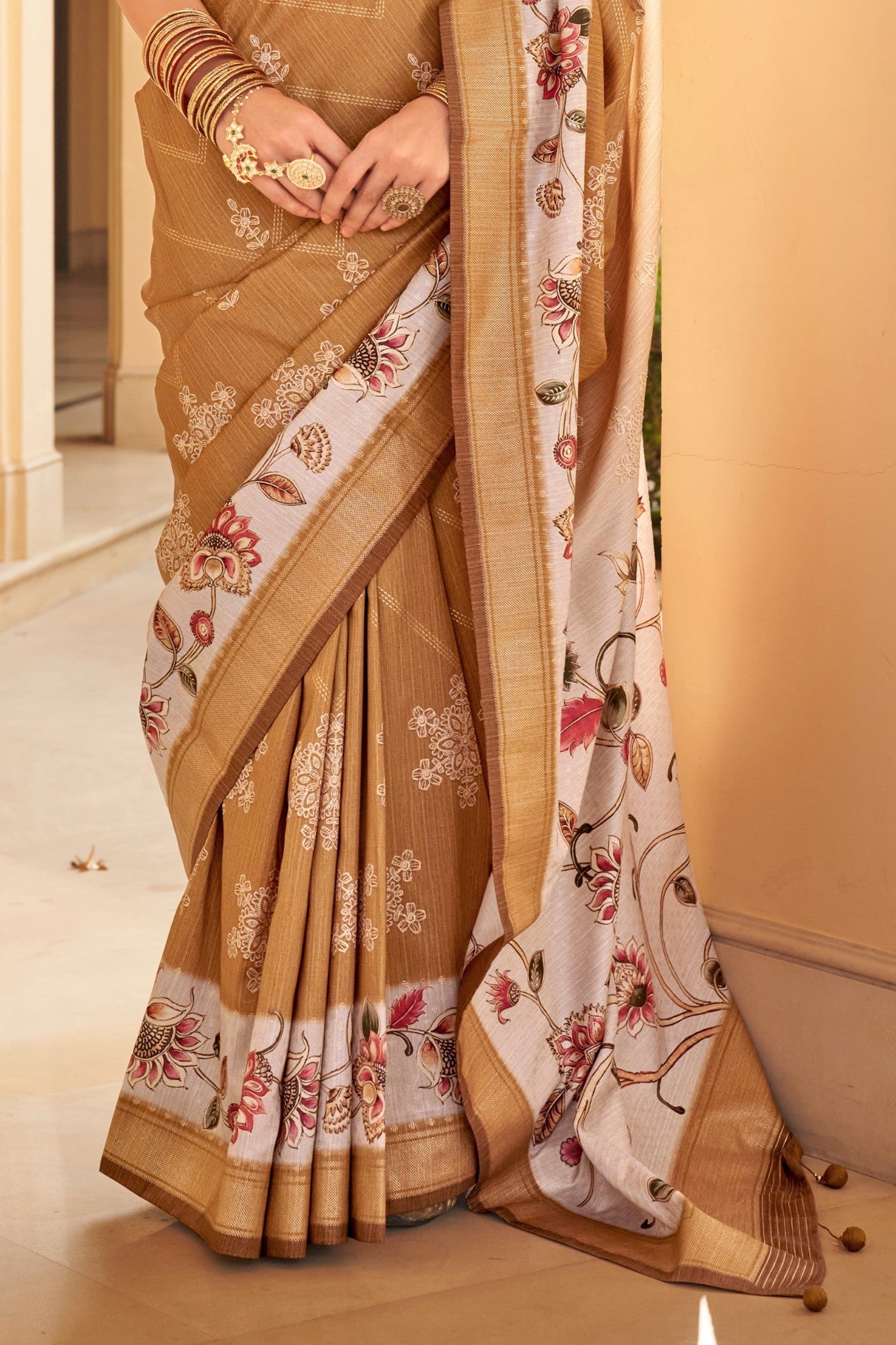 Rajah Brown Floral Printed Banarasi Saree