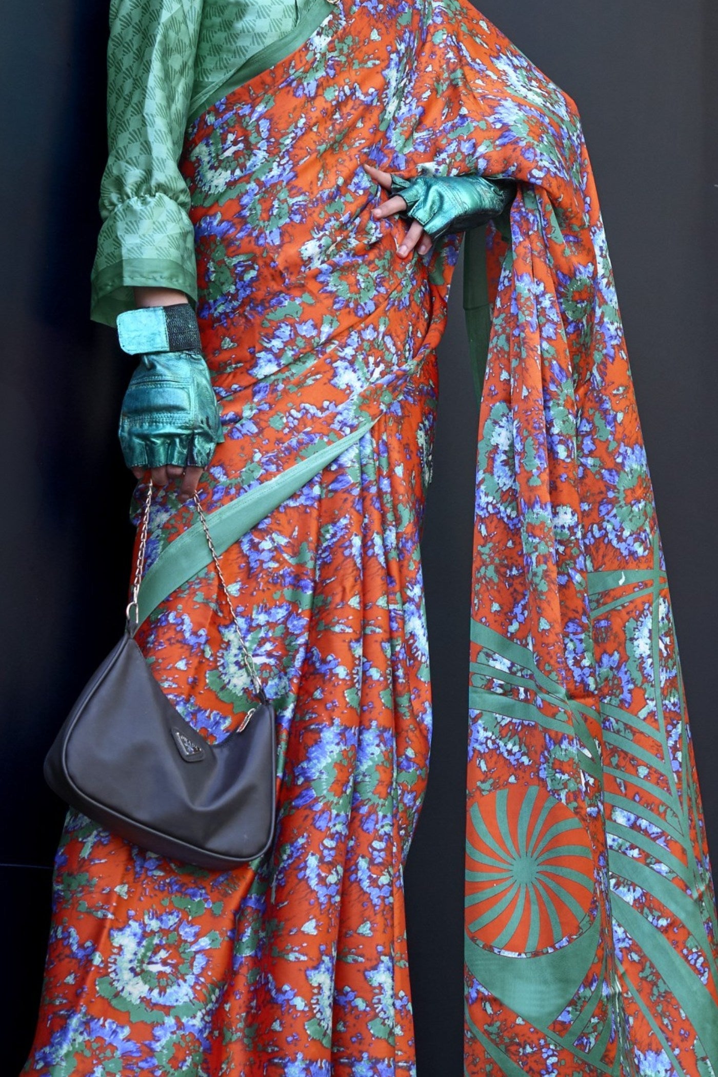 Squach Orange and Green Printed Satin Crepe Silk Saree