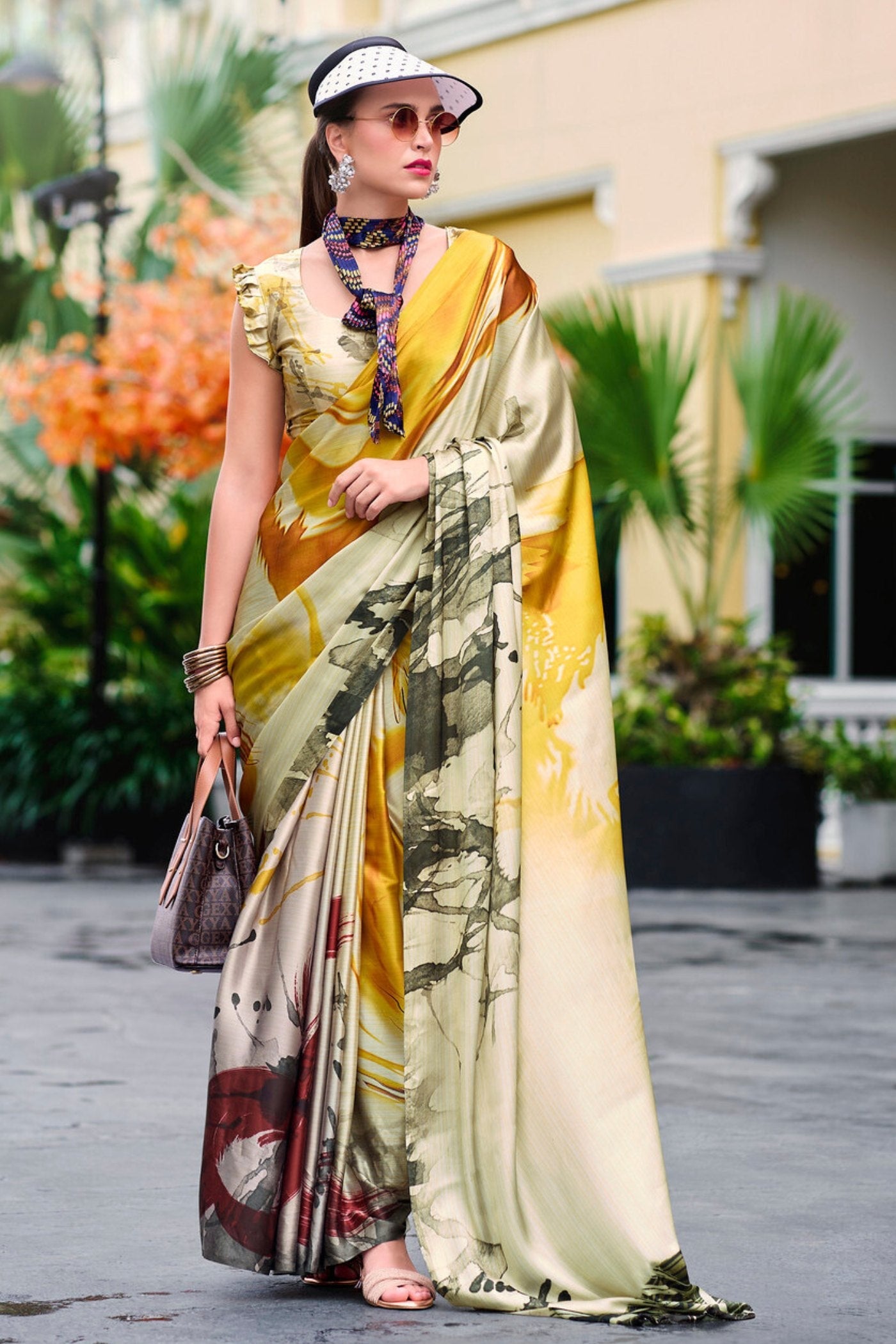 Copper Yellow Printed Satin Crepe Silk Saree