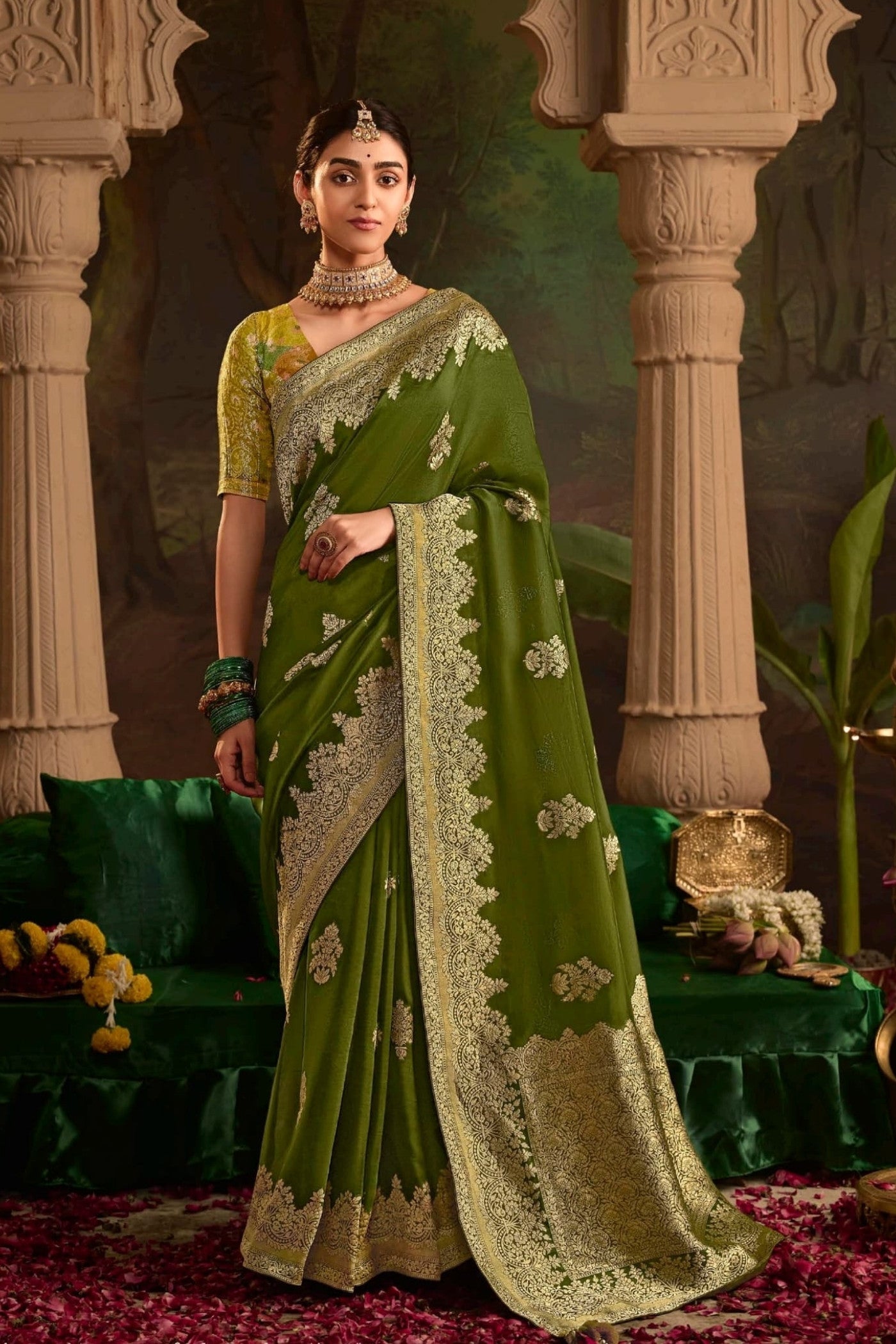 Madras Green Designer Banarasi Dola Silk Saree