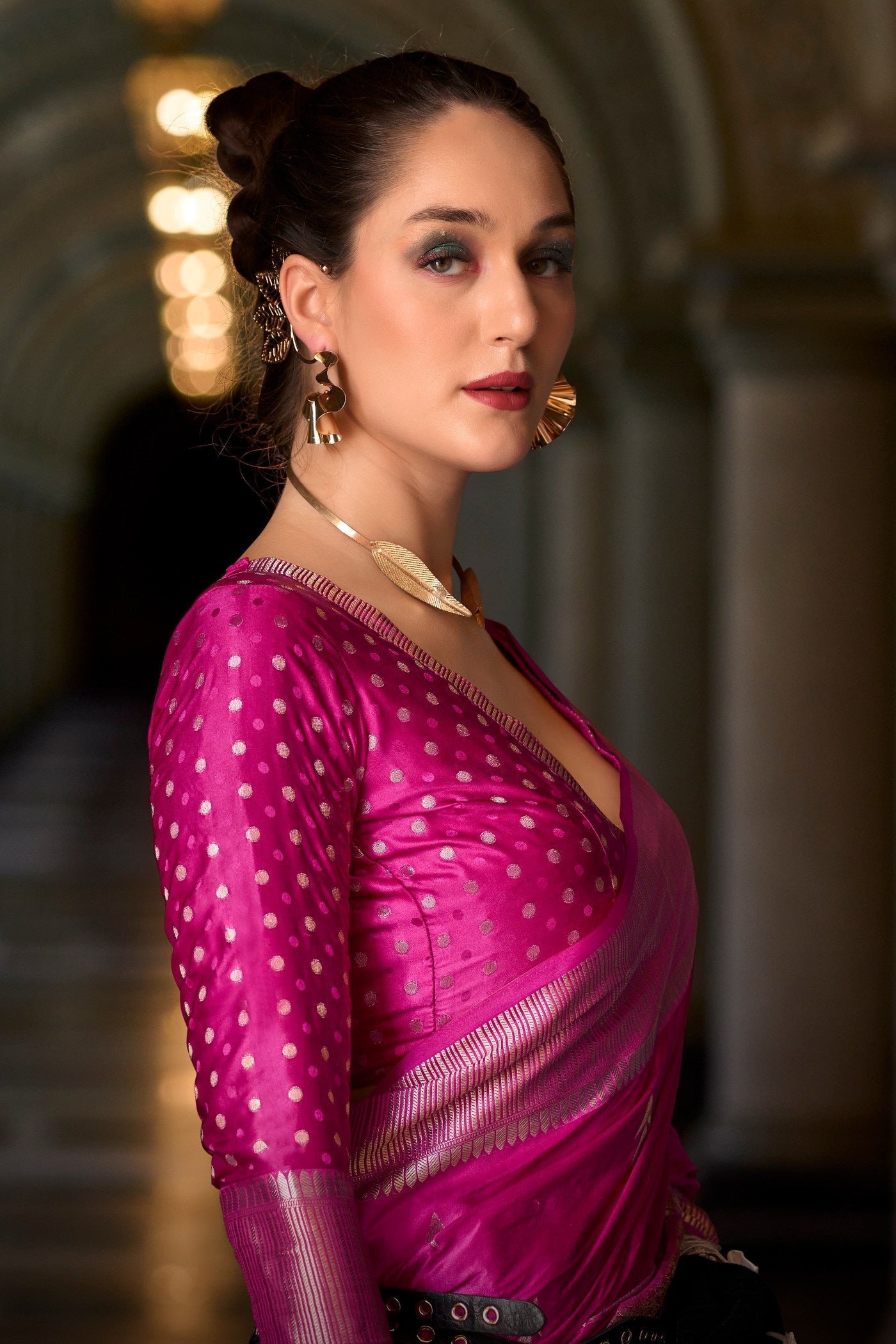 Magenta Pink Handloom Satin Silk Saree