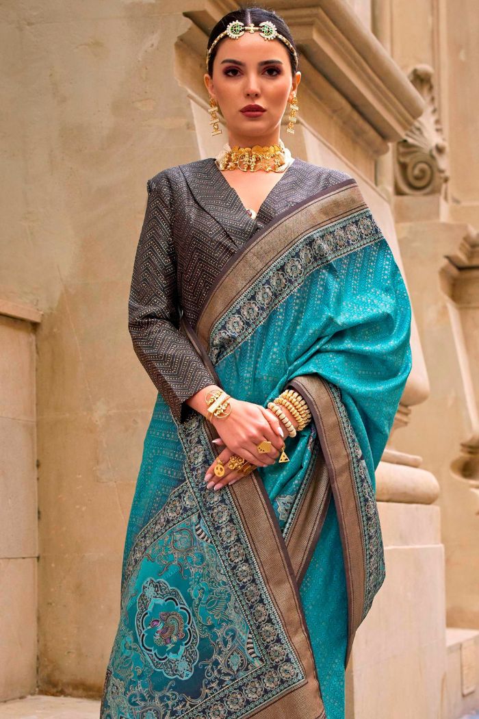 Elm Blue Printed Patola Saree