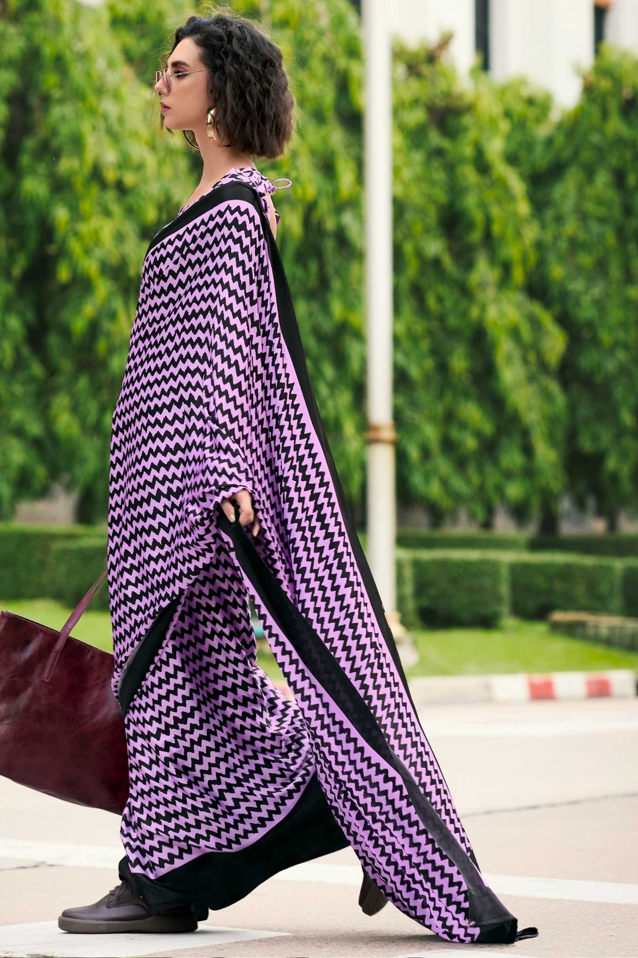 Amethyst Purple Printed Satin Crepe Saree