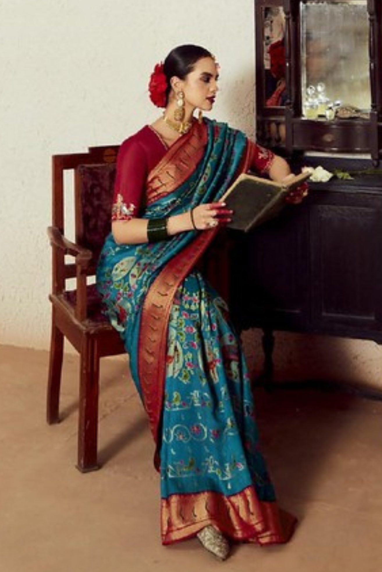 Calypso Blue Printed Brasso Soft Silk Saree