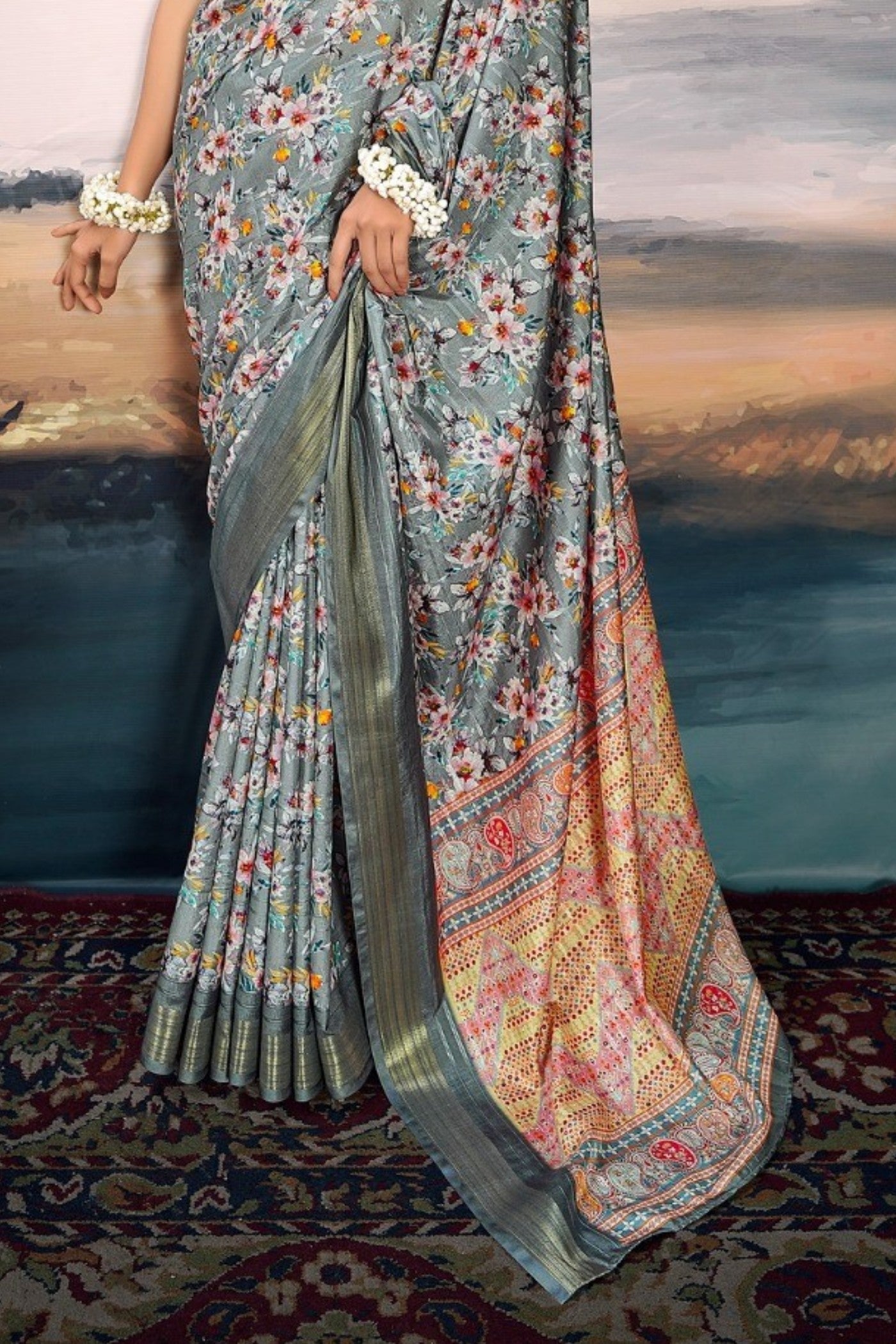 Pale Sky Grey Digital Printed Cotton Saree