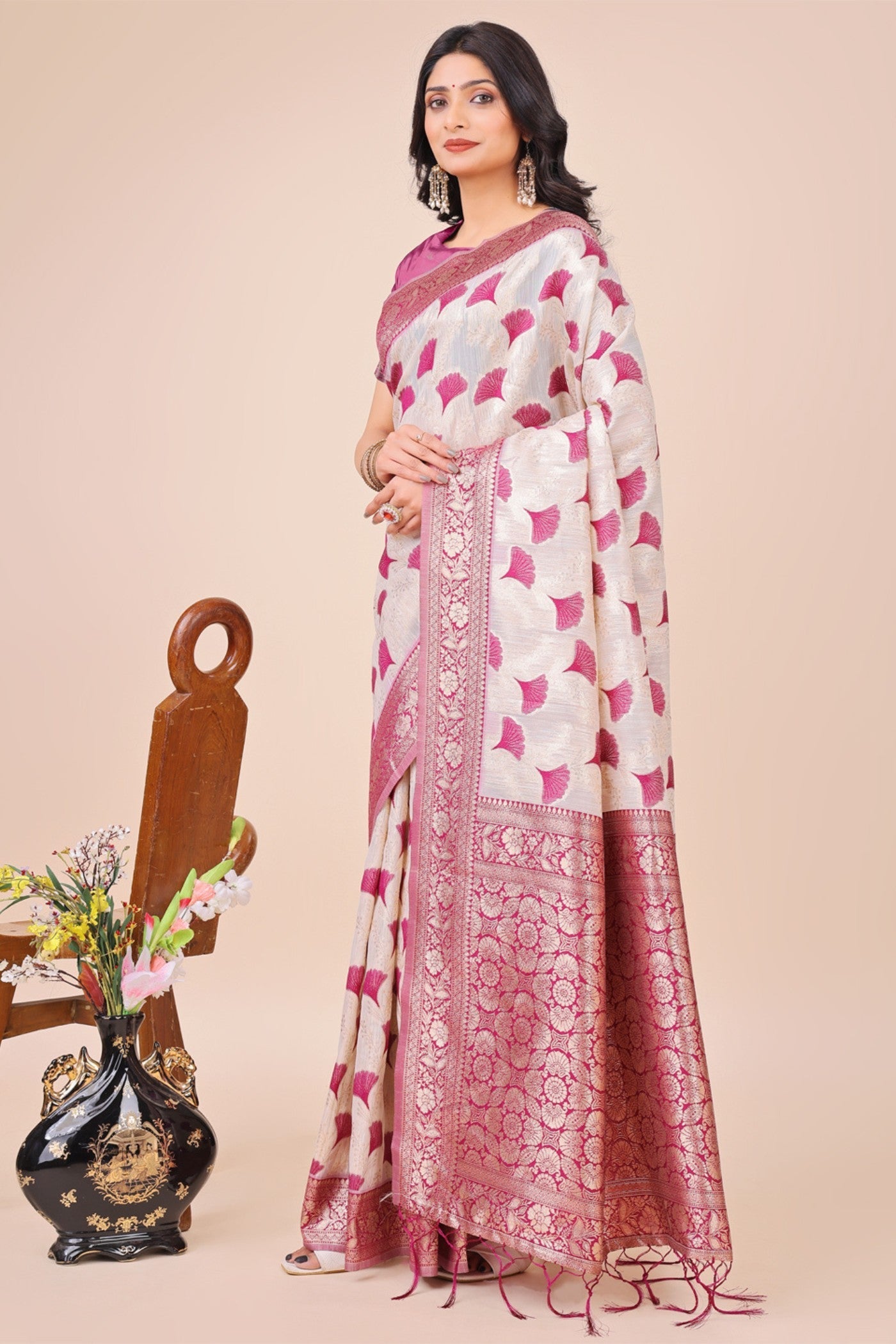 Bone White and Pink Linen Cotton Saree