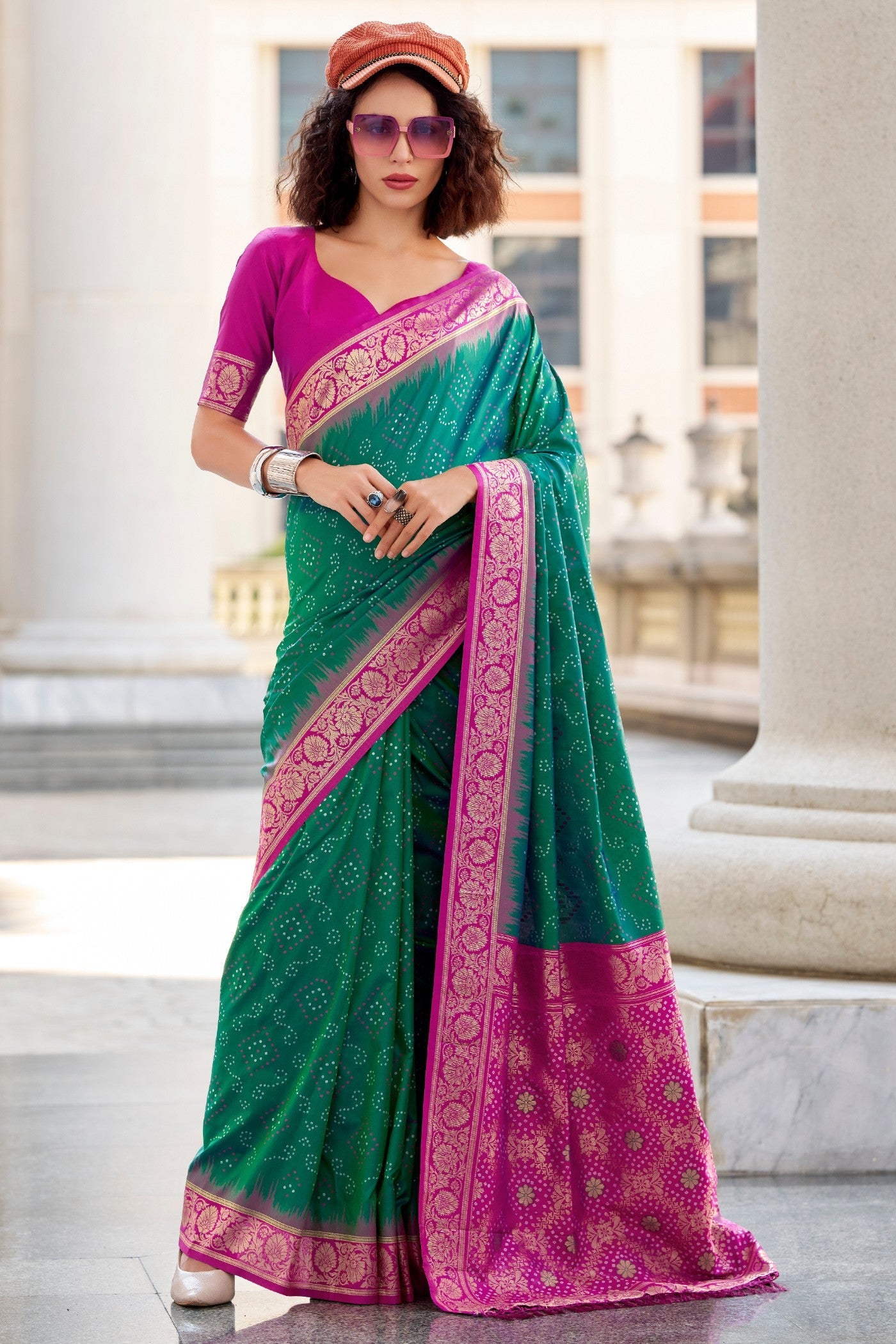 Eucalyptus Green Woven Banarasi Bandhani Soft Silk Saree