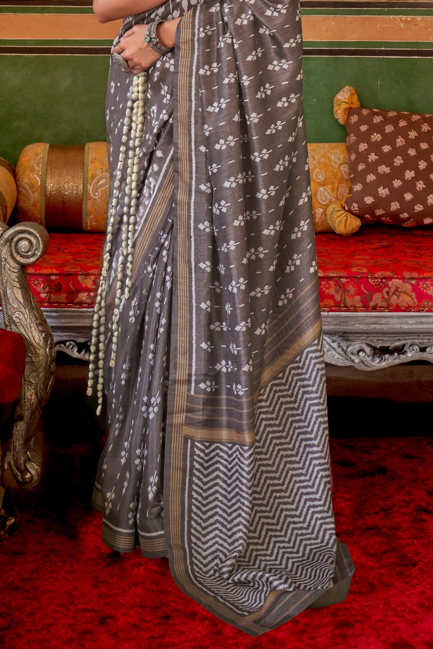 Spicy Grey Printed Patola Saree