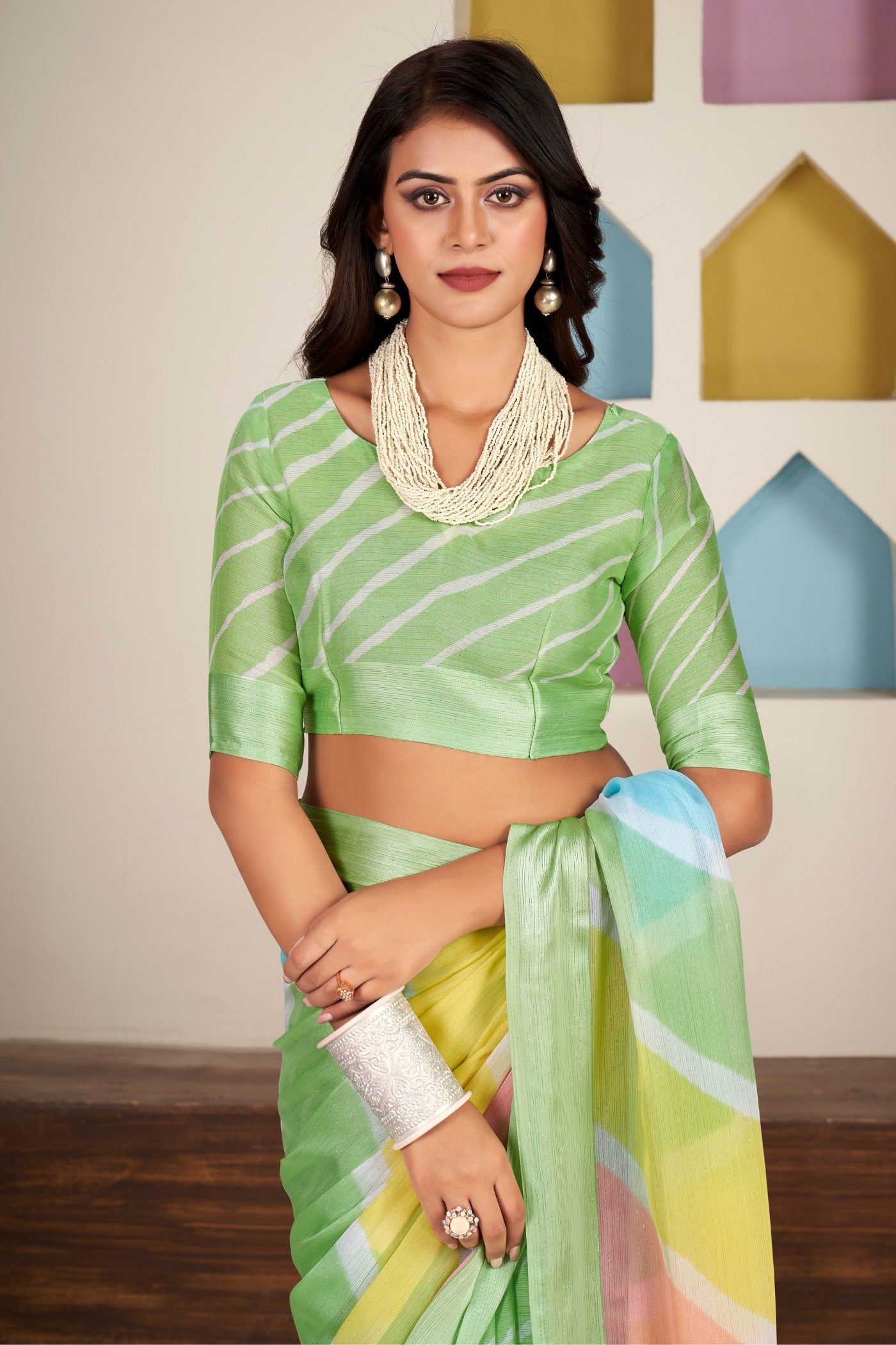 Christi Green Printed Satin Silk Saree