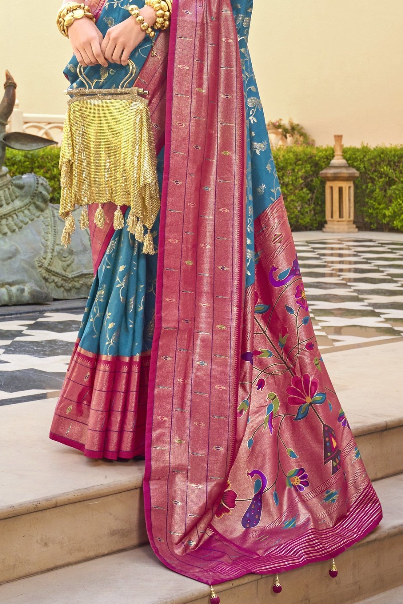 Boston Blue and Pink Woven Paithani Designer Saree