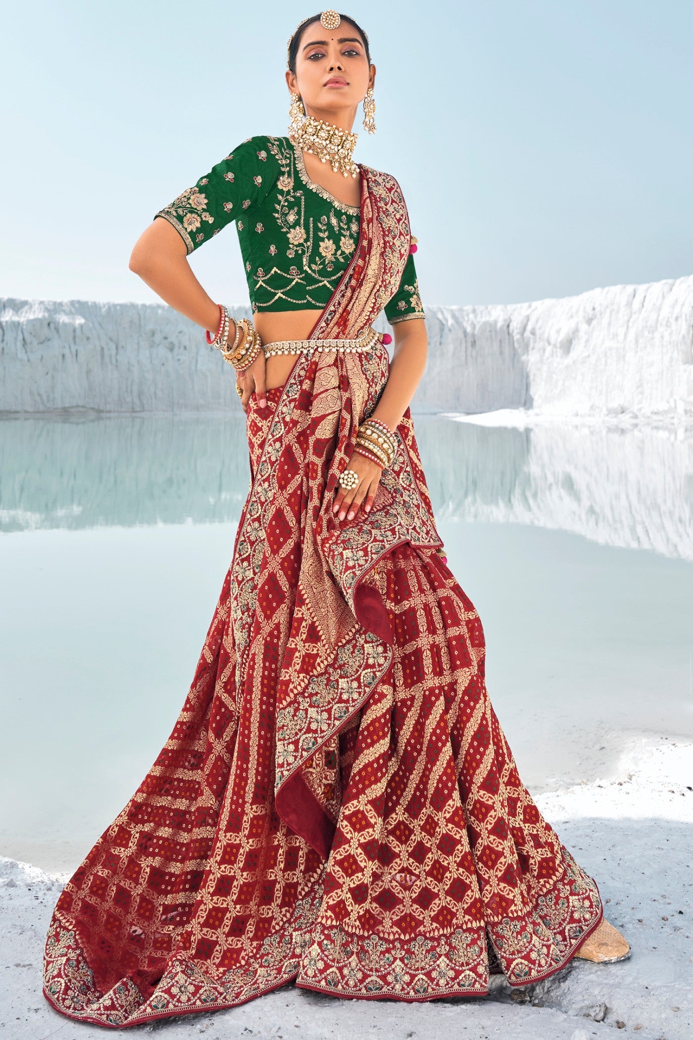 Hot Red Fire Georgette Patola Saree