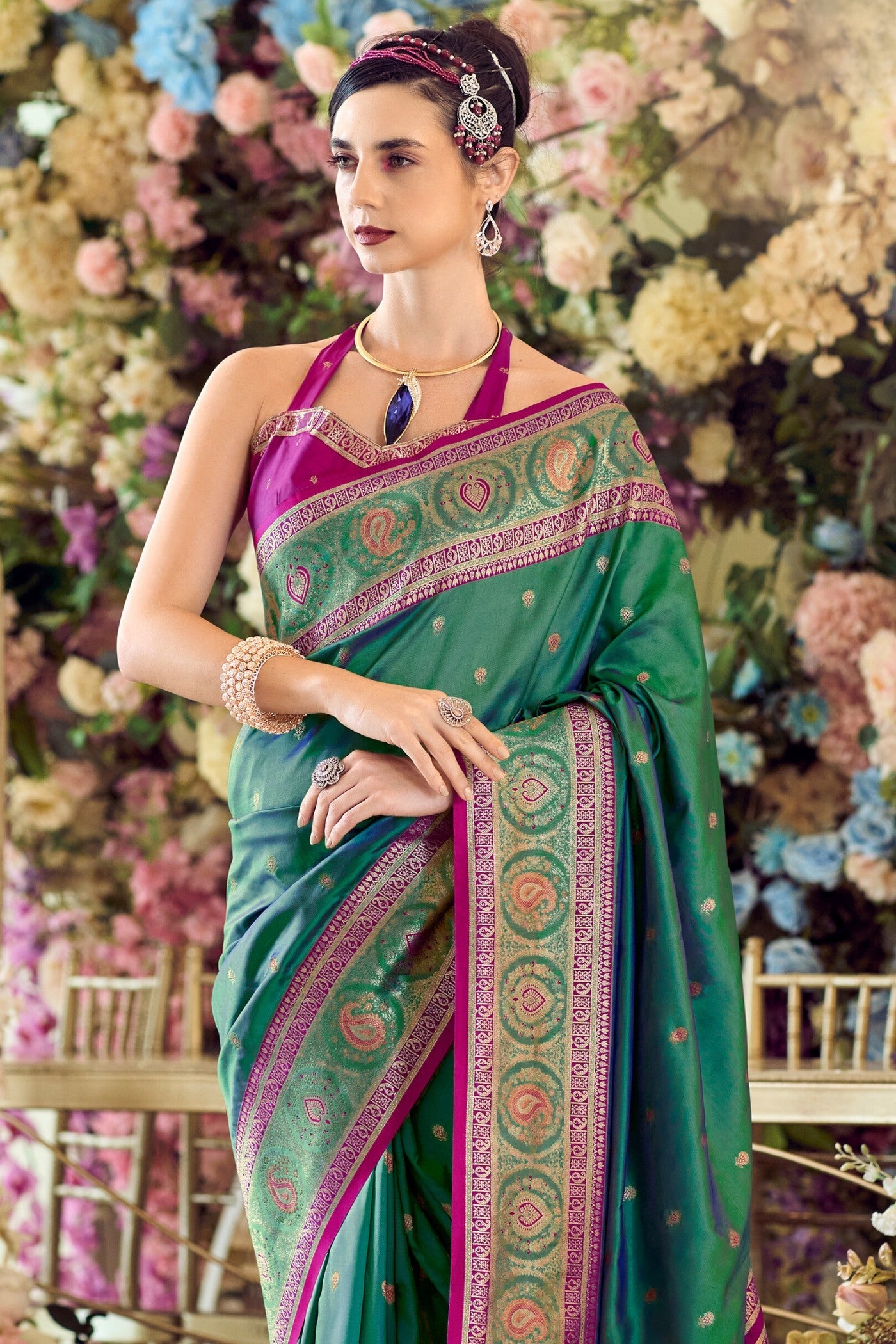 Goblin Green Woven Banarasi Soft Silk Saree