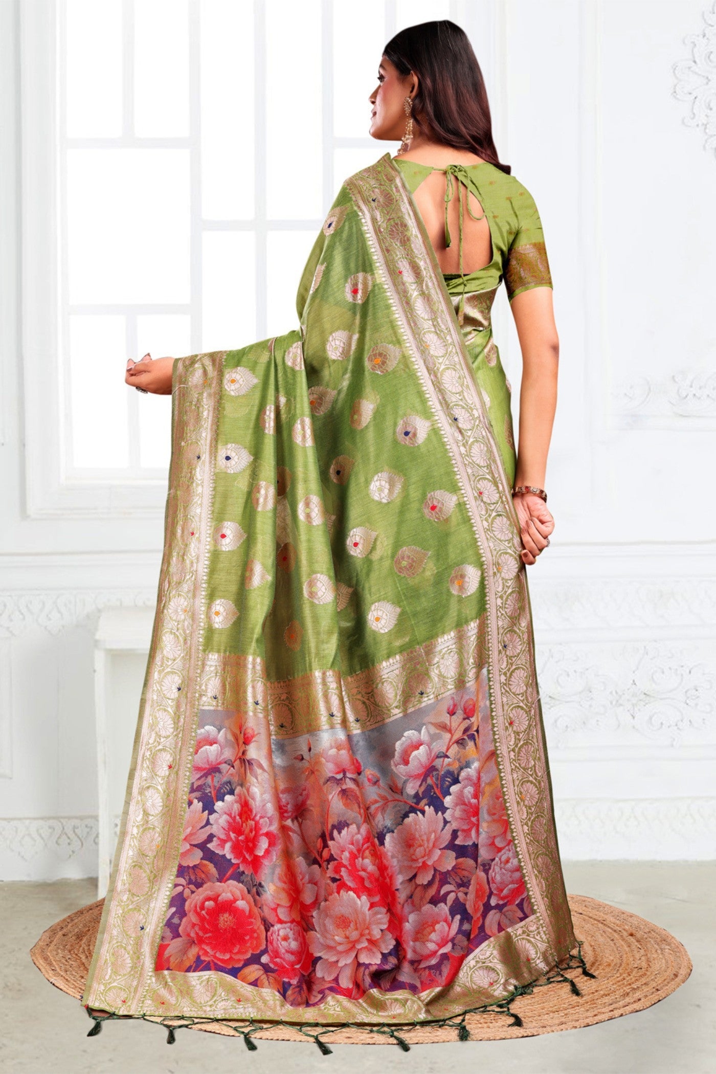 Lime Green Woven Linen Cotton Saree