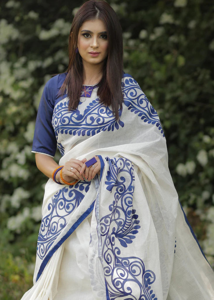 White Color Kalamkari Printed Pure Linen Saree