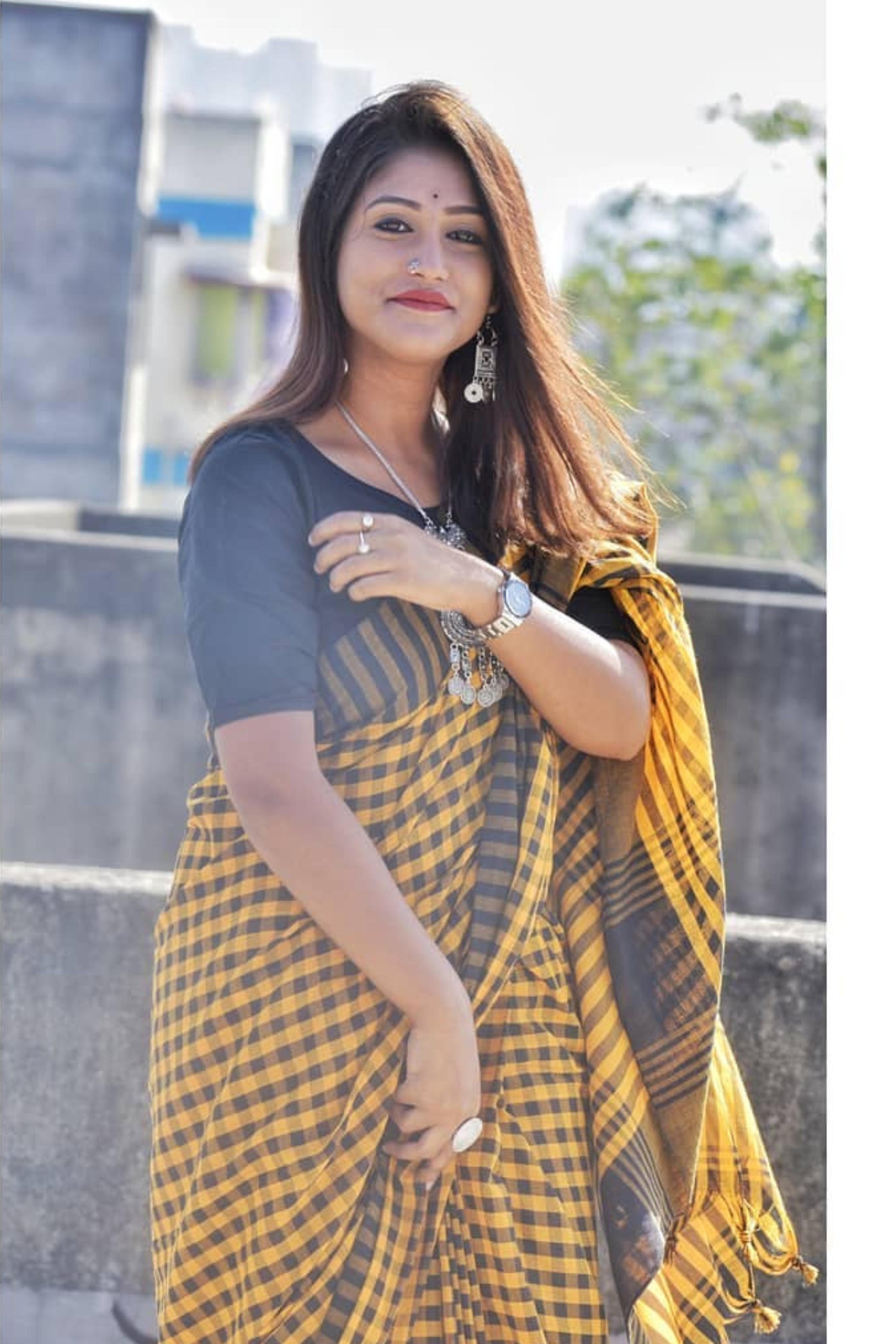 Daisy Yellow Cotton Gamch Check Saree