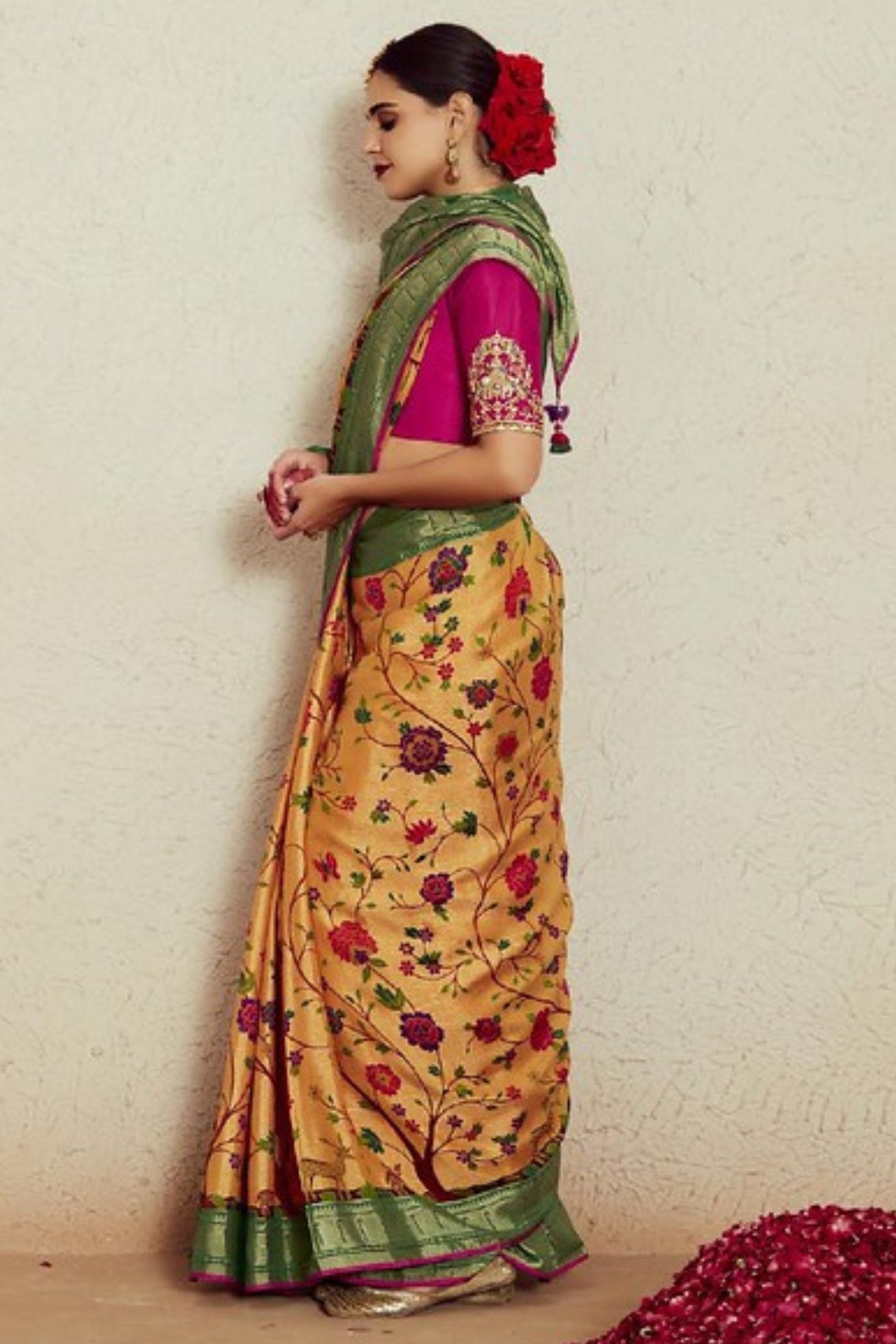 Equator Yellow Printed Brasso Soft Silk Saree