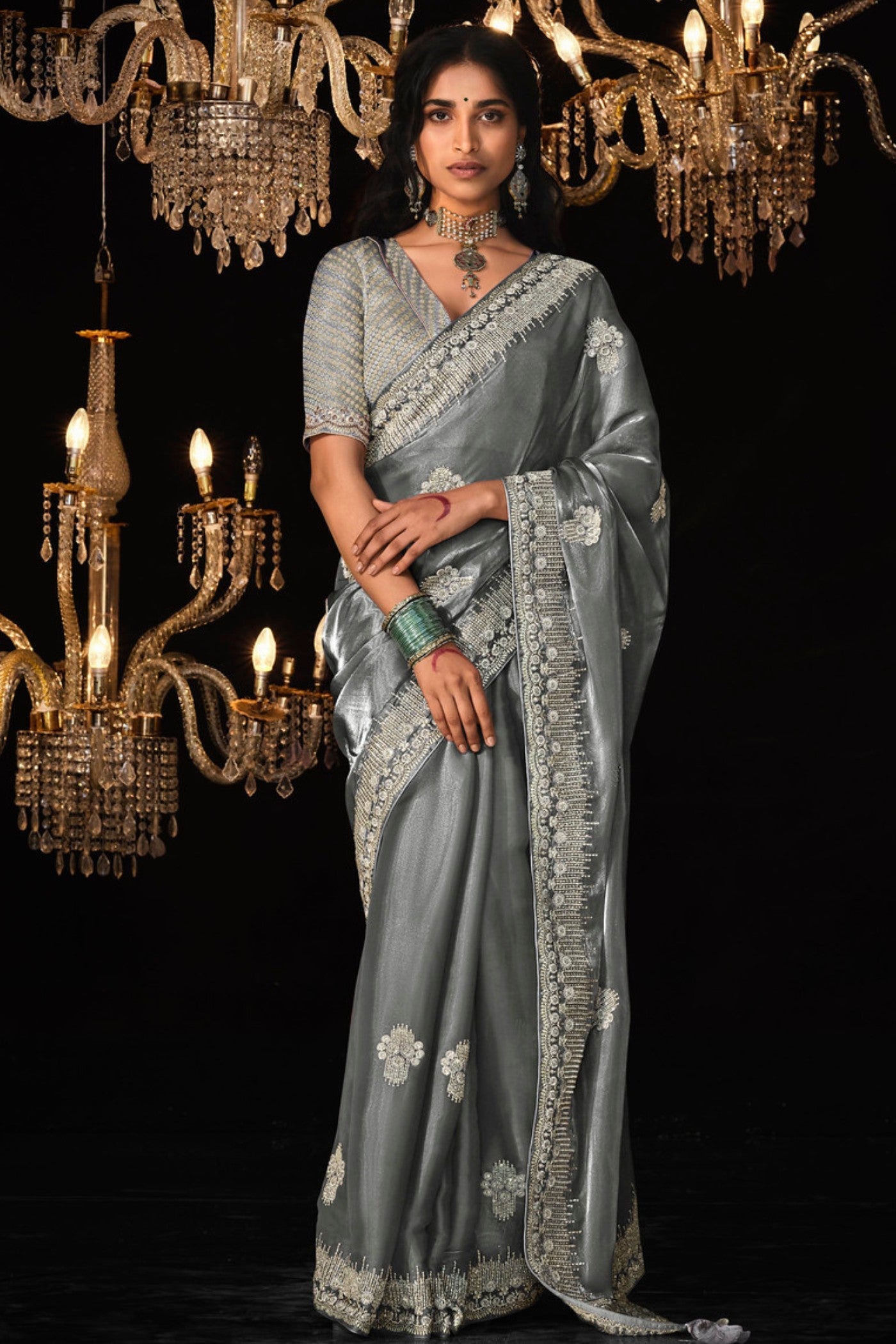 Graphite Grey Tissue Embroidered Designer Saree