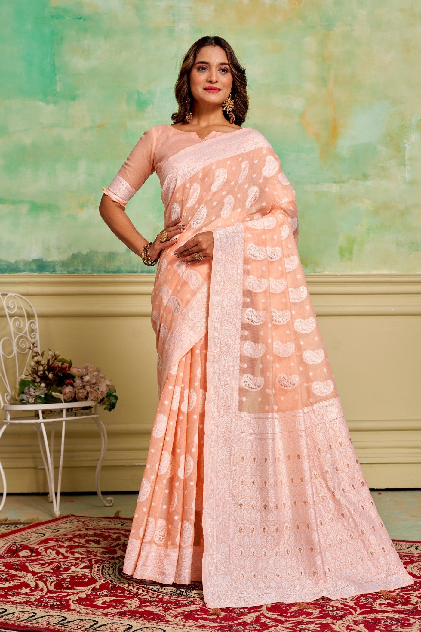 Posy Peach Woven Cotton Saree