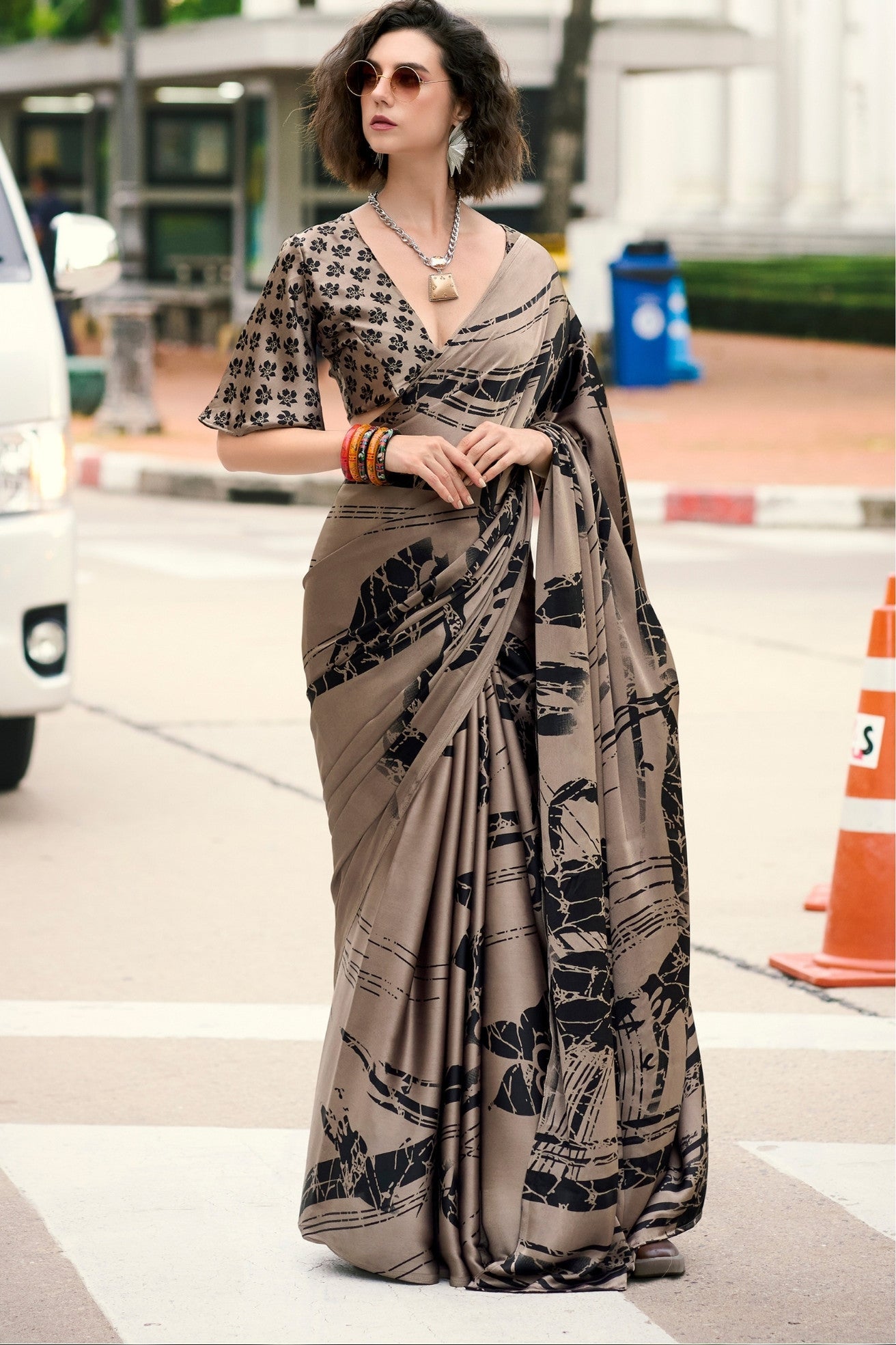 Espresso Brown Printed Satin Crepe Saree