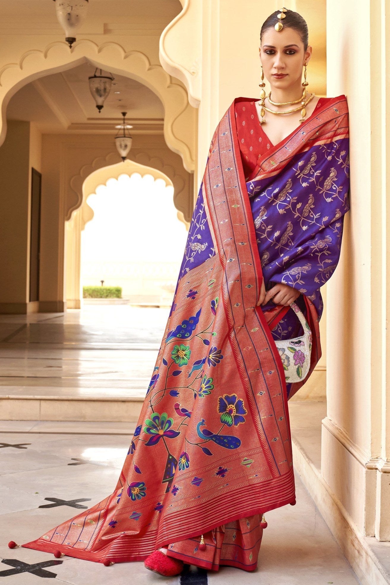 Purple Heart and Red Woven Paithani Designer Saree