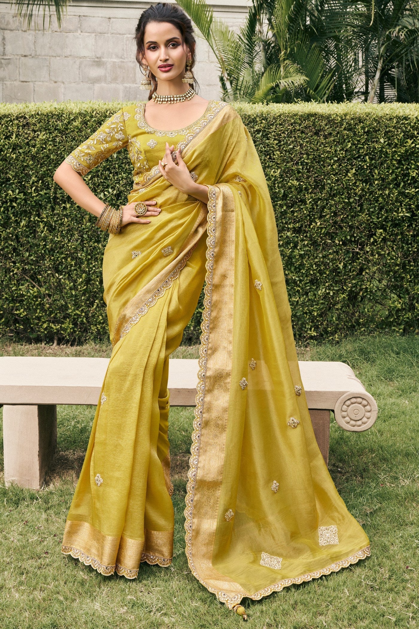 Tussock Yellow Banarasi Designer Embroidered Saree