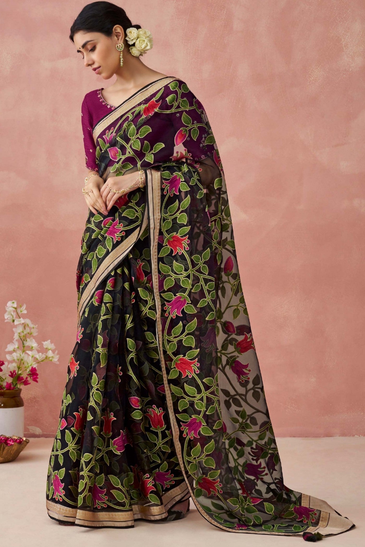 Creole Black Brasso Organza Printed Saree