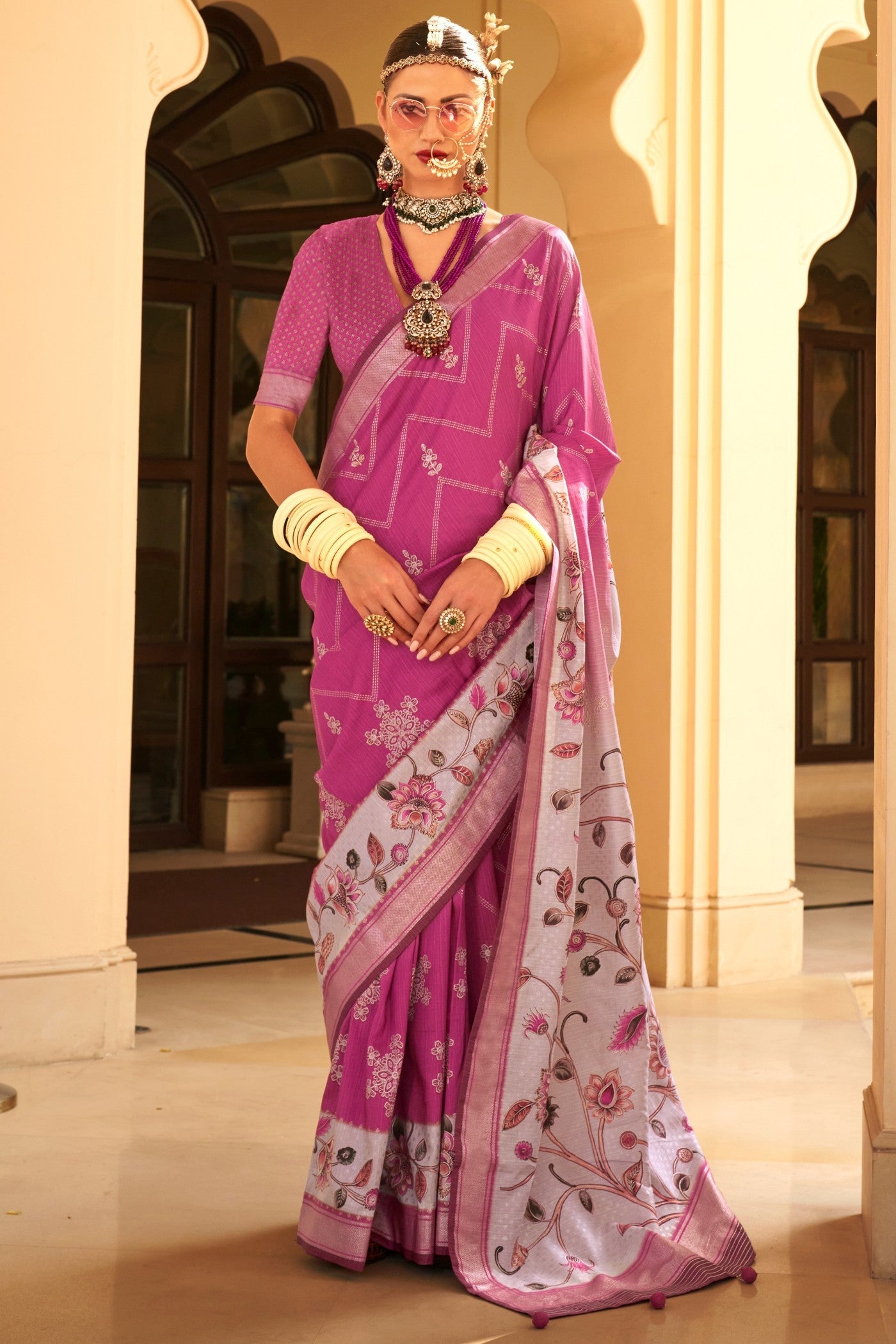 Hibiscus Pink Floral Printed Banarasi Saree