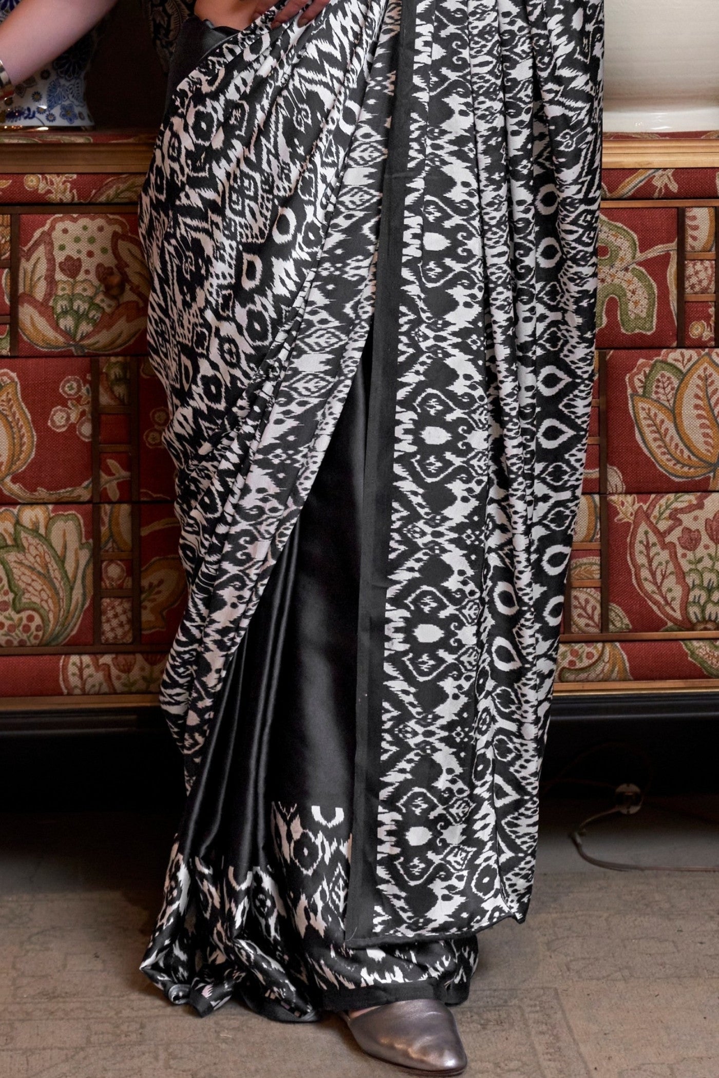 Space Black Patola Printed Satin Crepe Saree