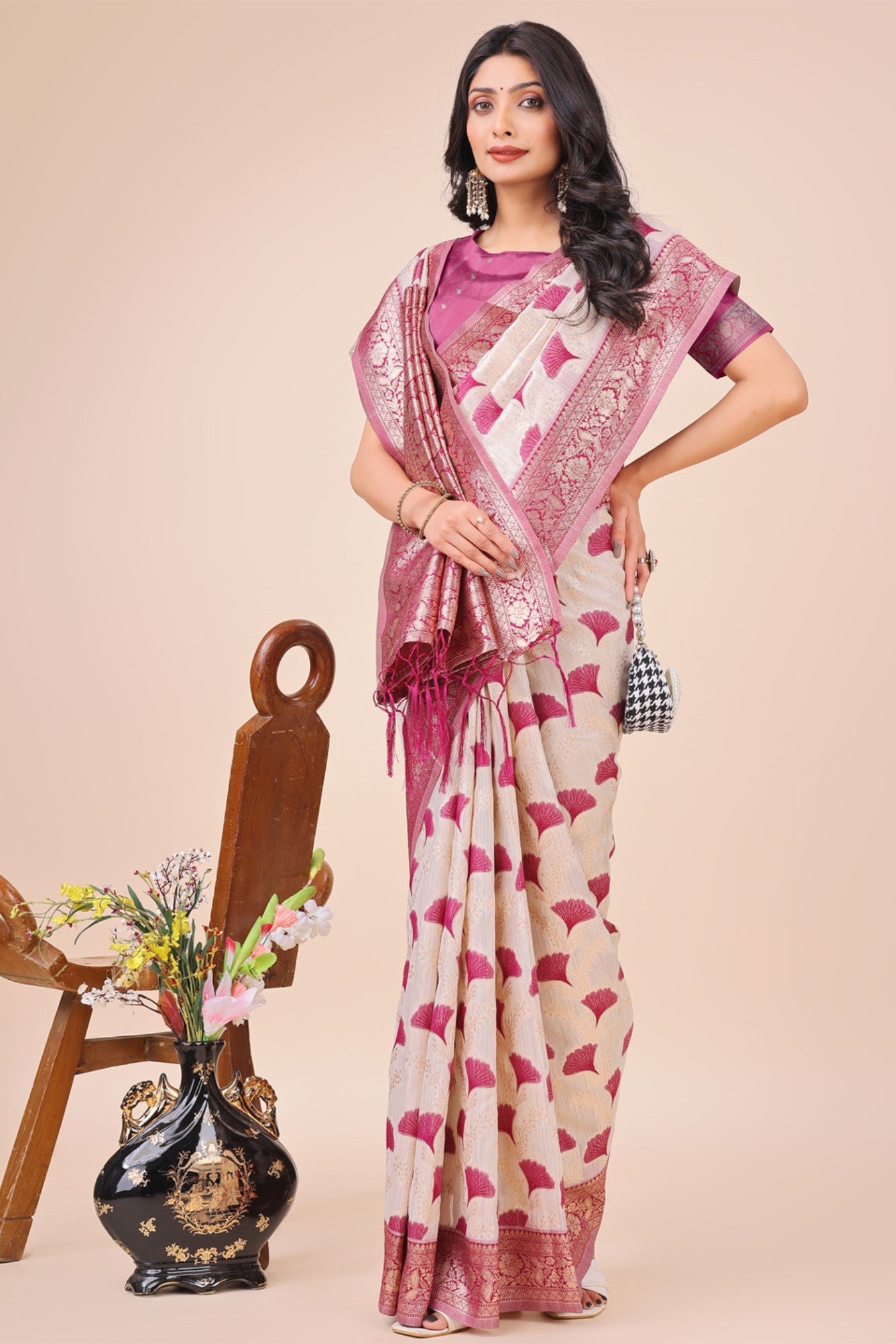 Bone White and Pink Linen Cotton Saree