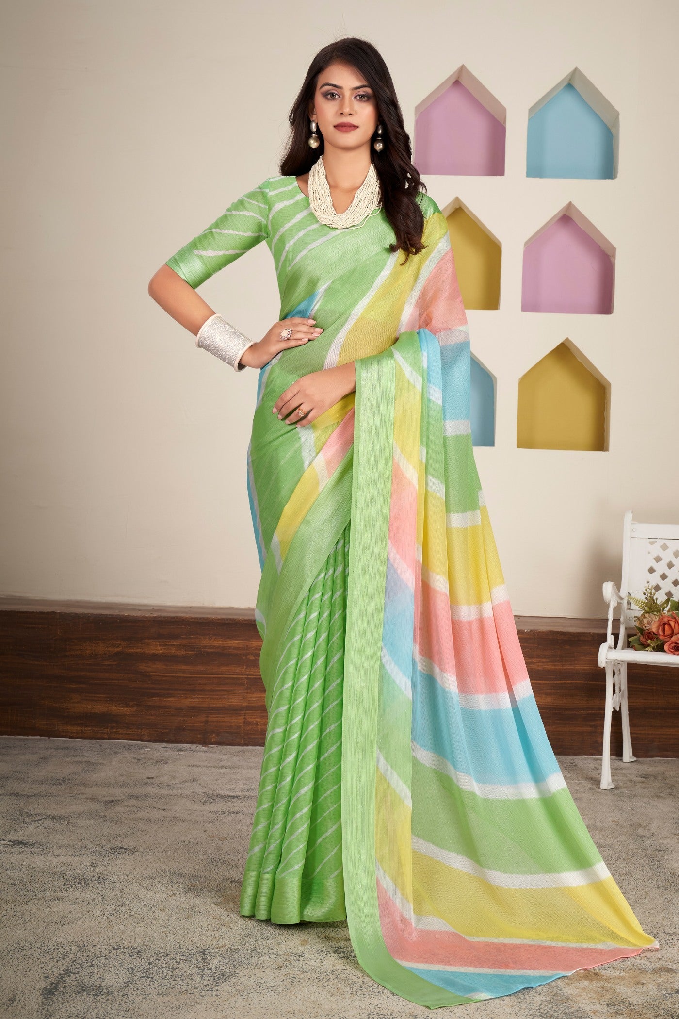 Christi Green Printed Satin Silk Saree