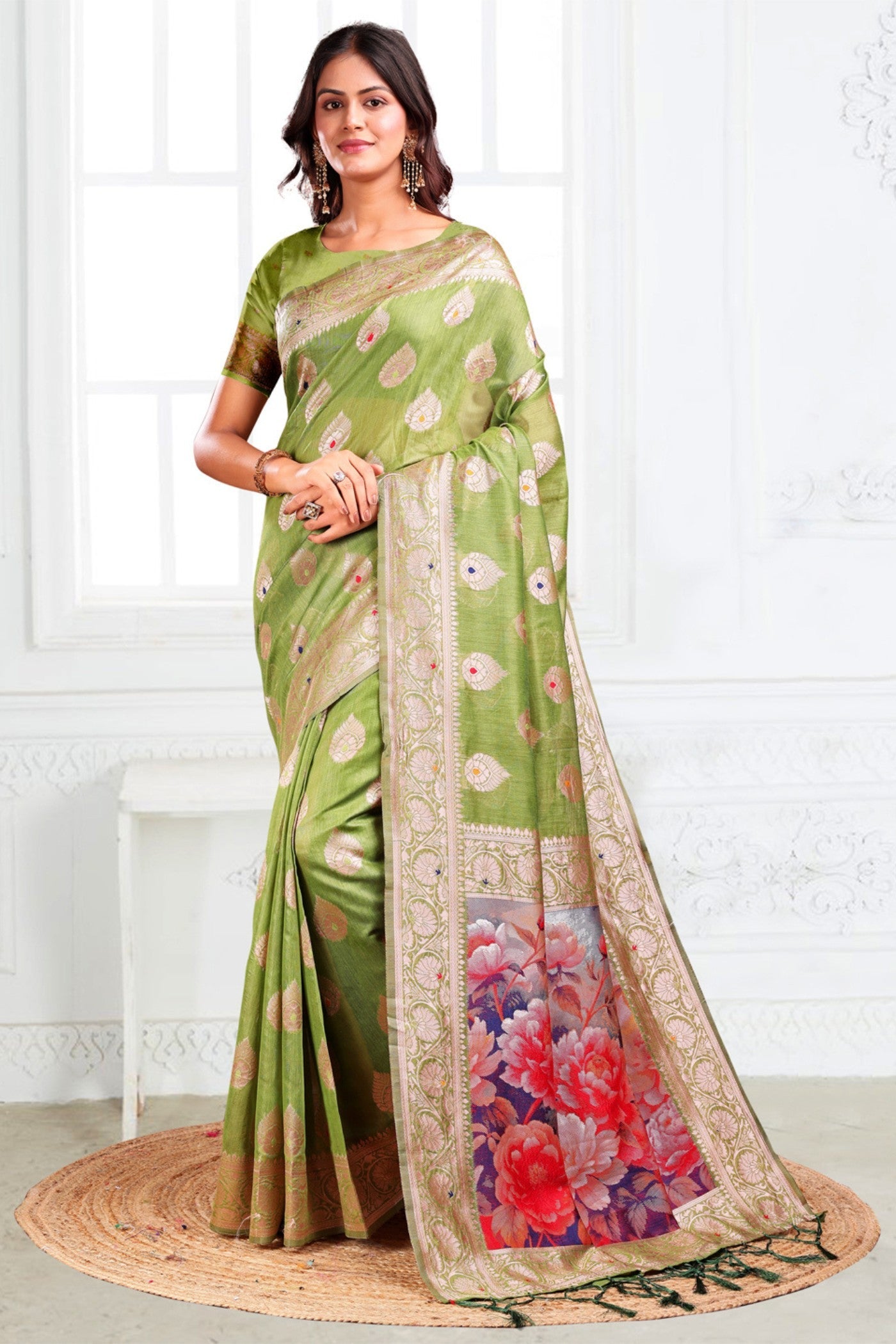 Lime Green Woven Linen Cotton Saree