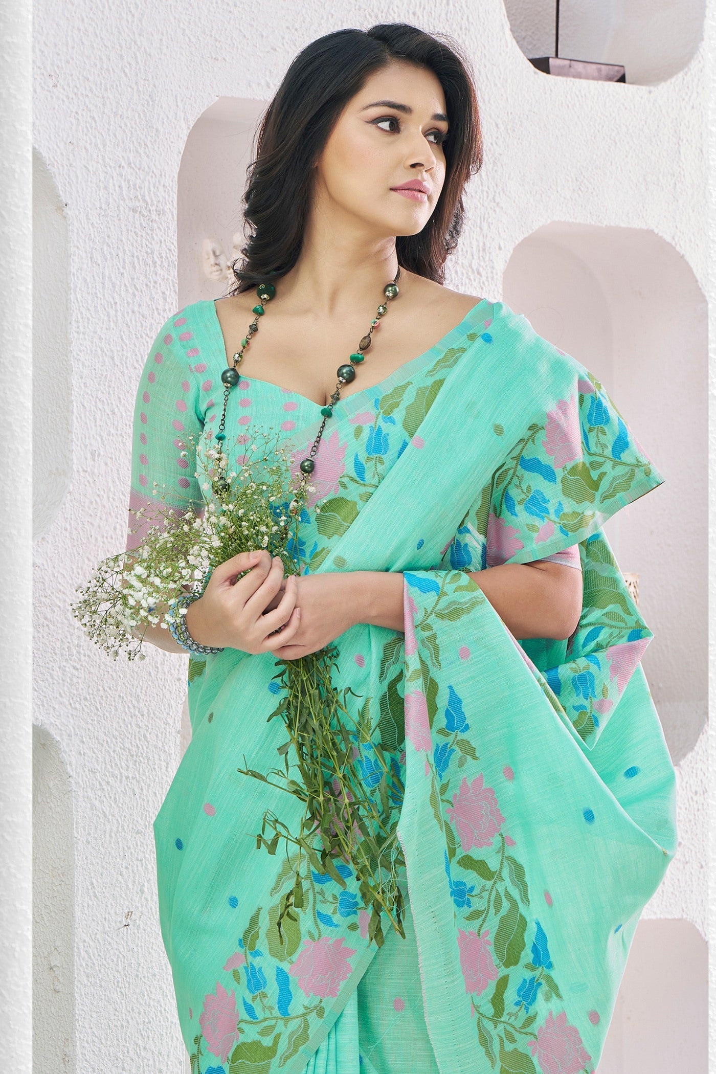 Monte Carlo Green Printed Linen Saree