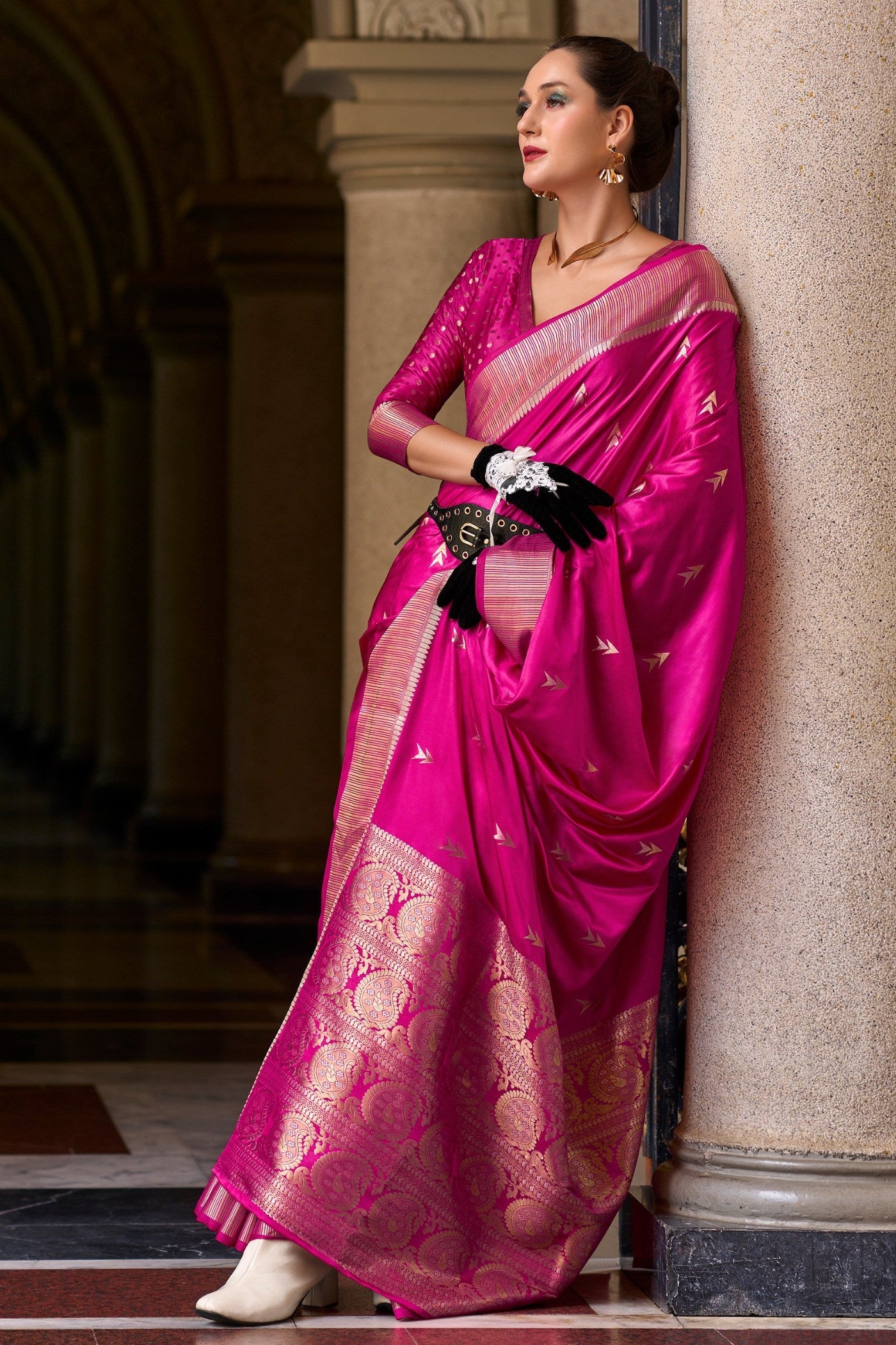 Magenta Pink Handloom Satin Silk Saree