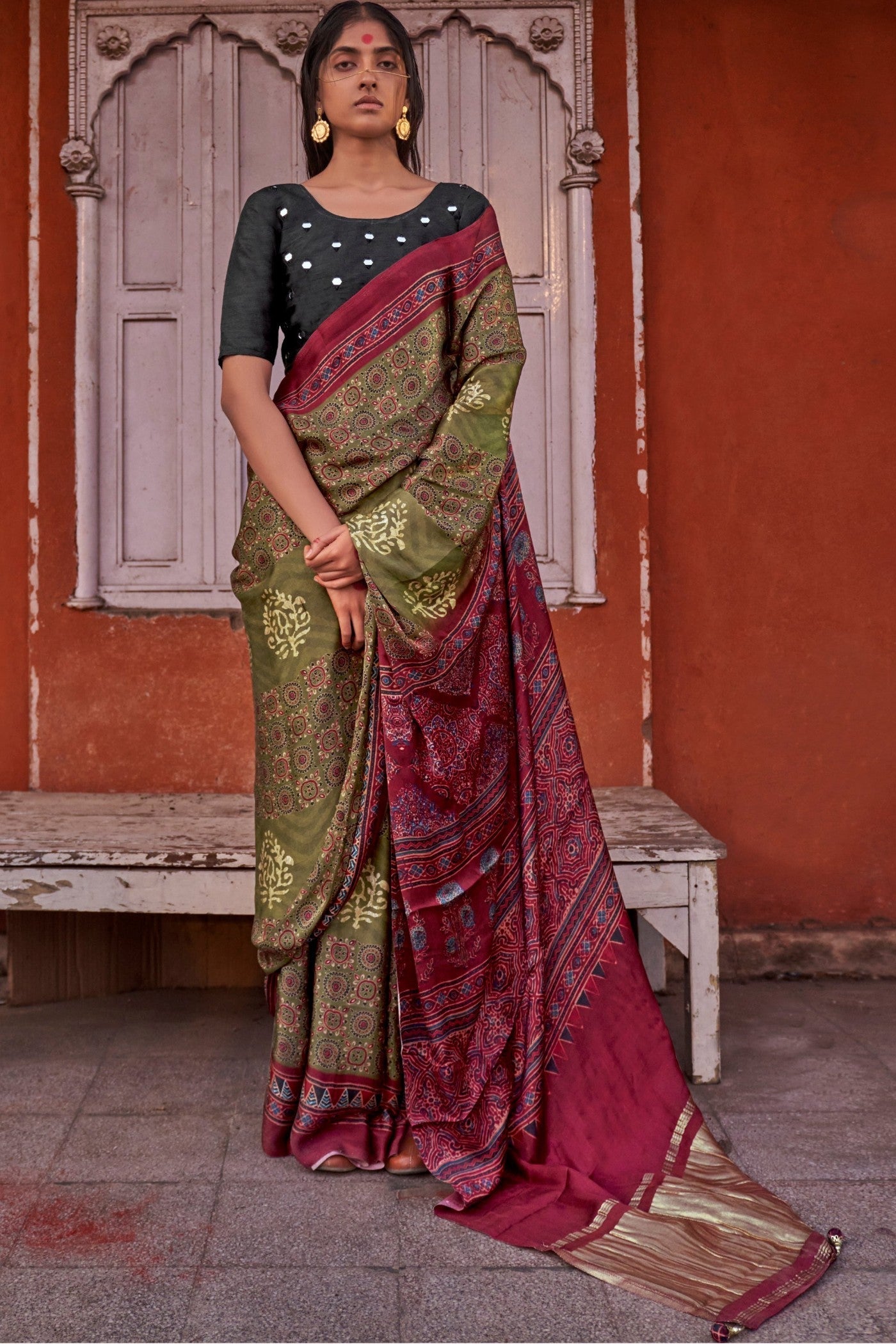 Locust Green and Maroon Ajrakh Handprinted Satin Saree