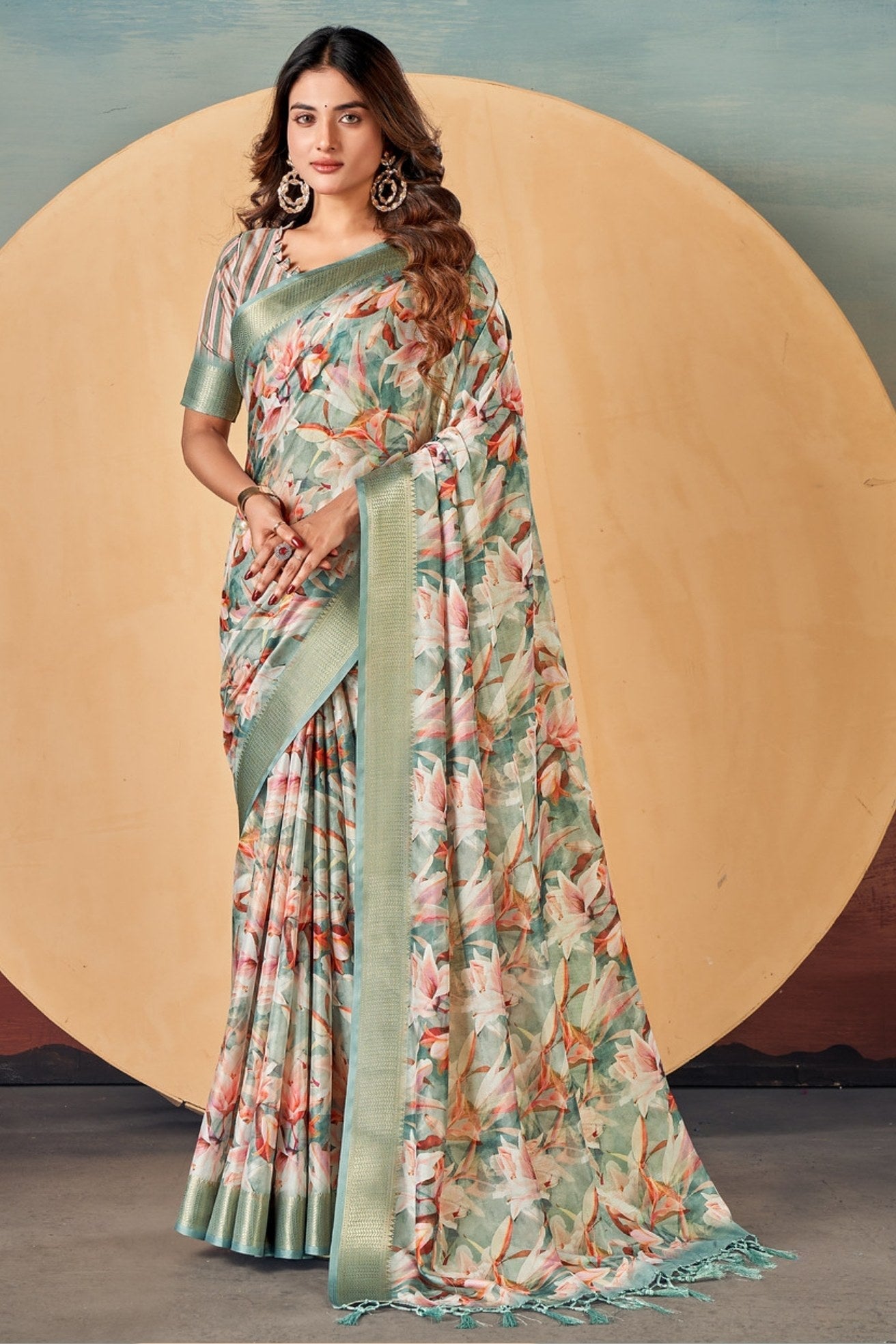 Bud Green Banarasi Digital Printed Saree