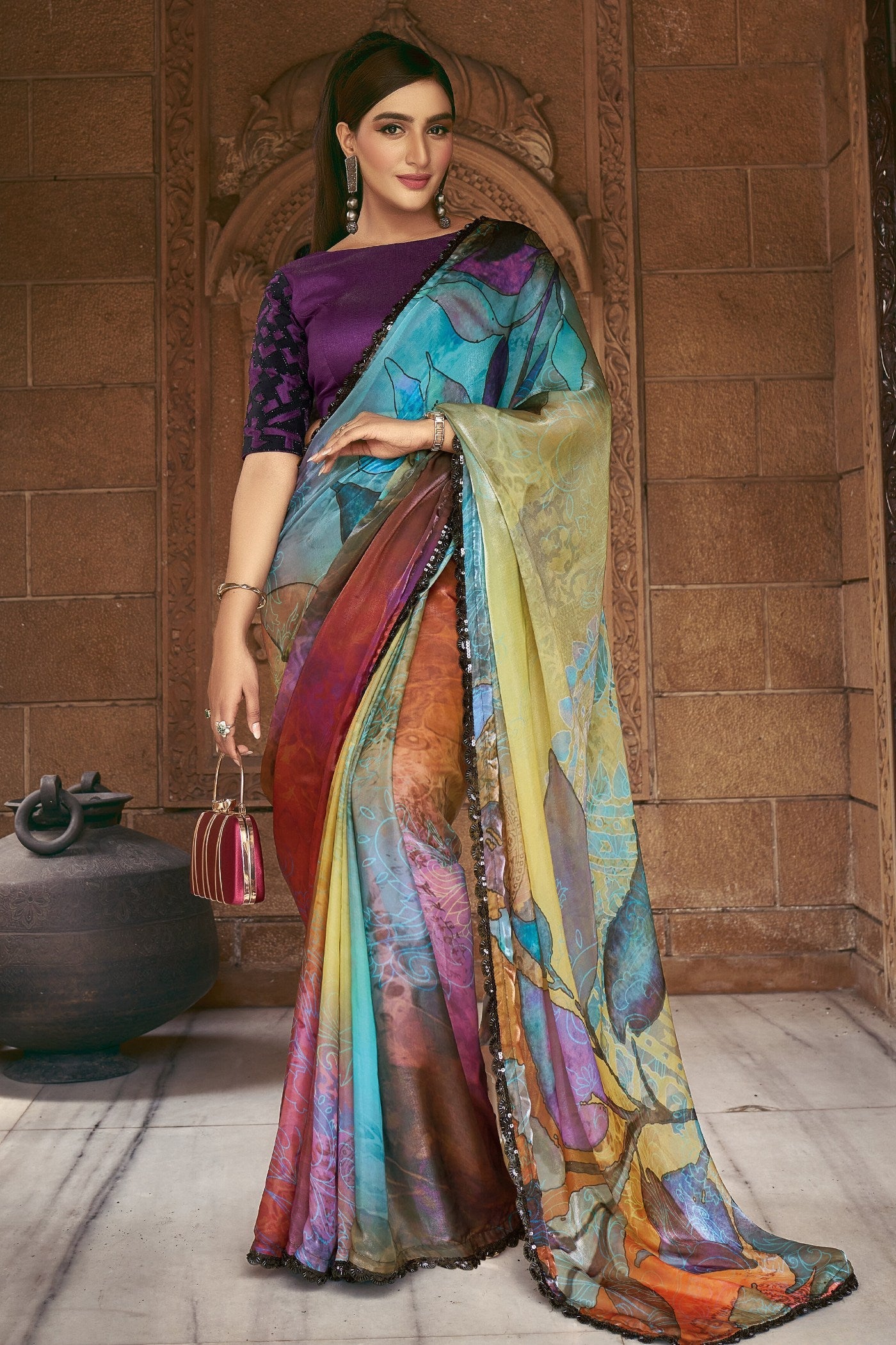 Multicolor Blue Satin Printed Silk Saree