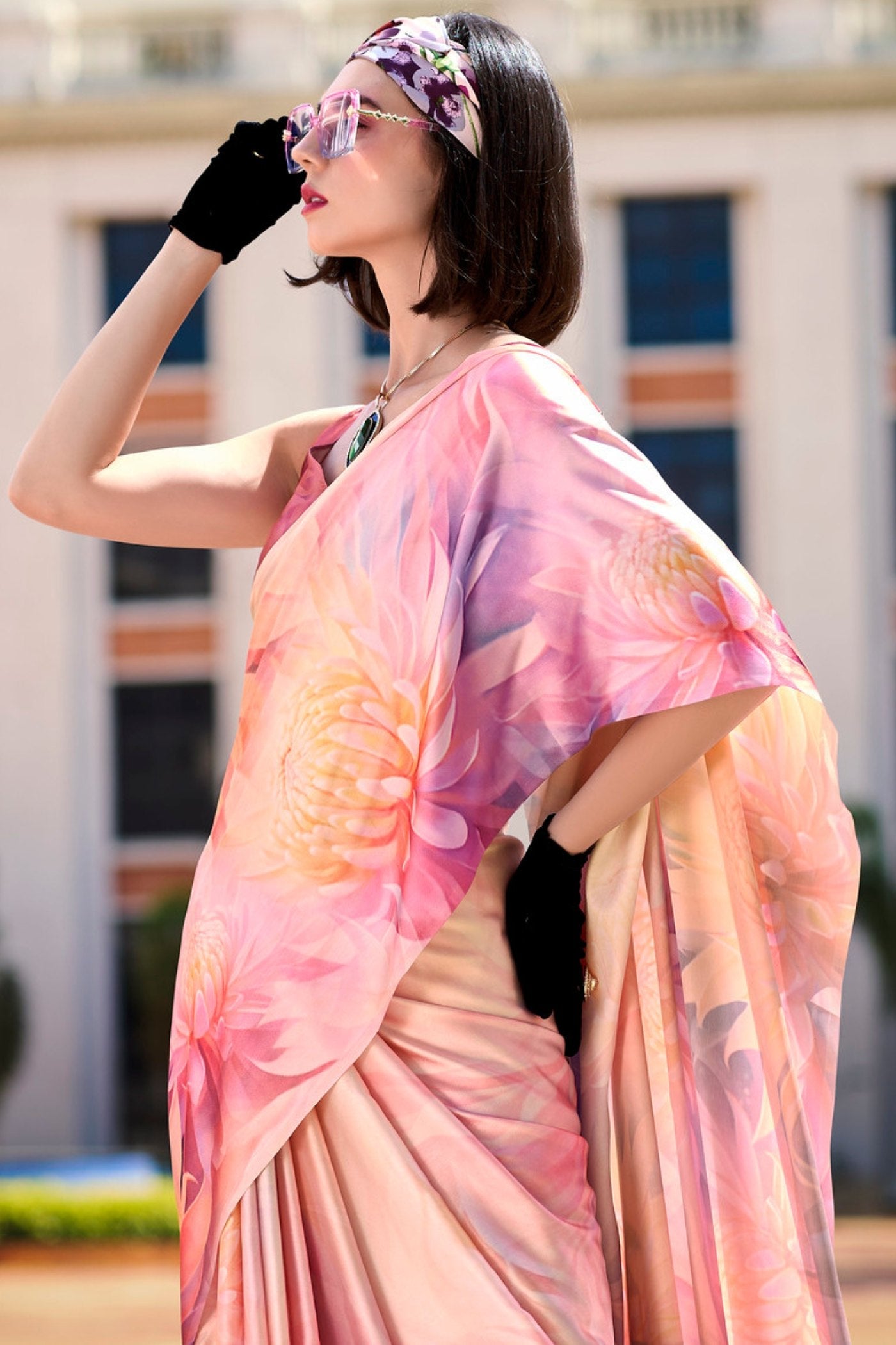 Hopbush Pink Printed Satin Crepe Silk Saree